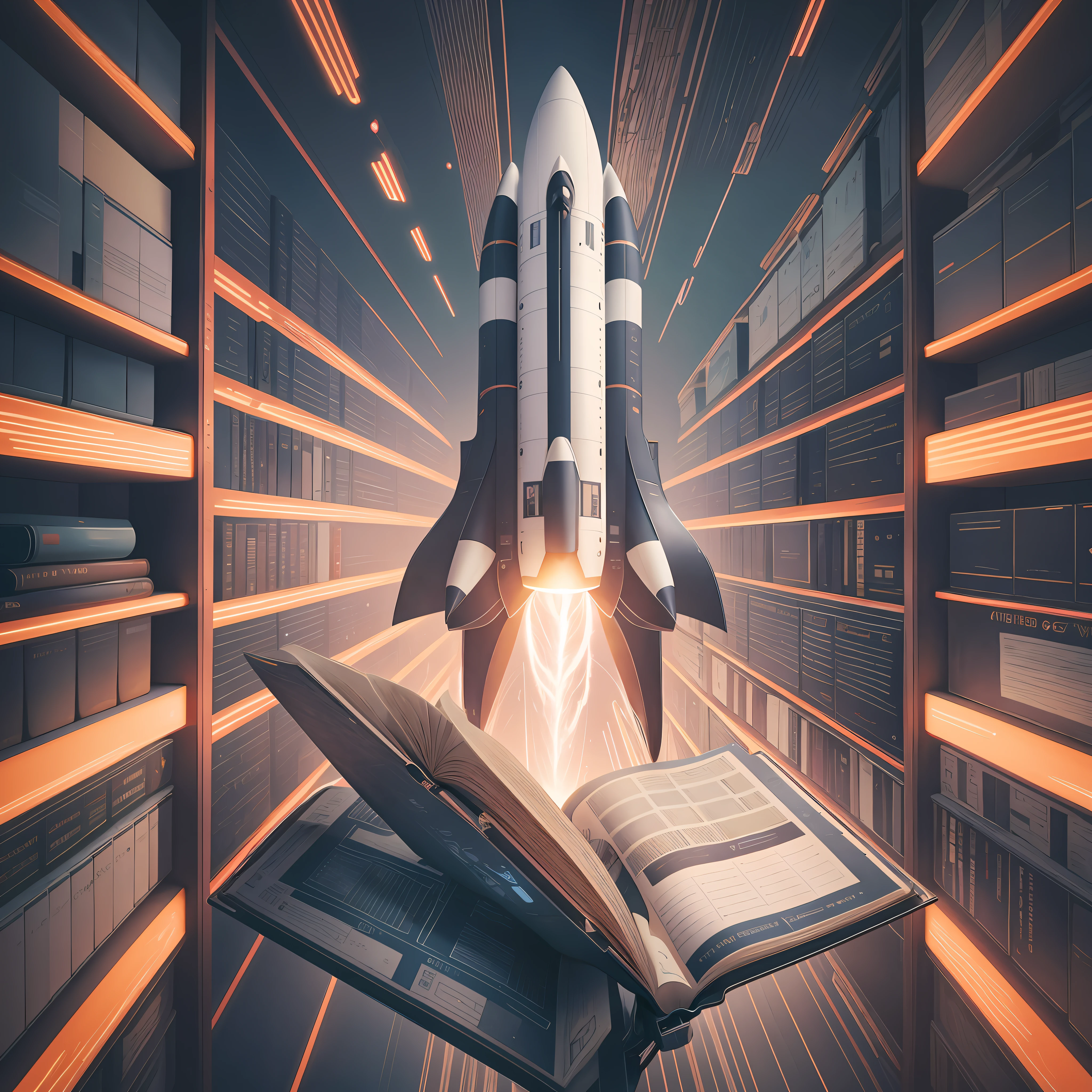 spaceship flying over a book in a library with bookshelves, borne space library artwork, infinite library, infinite celestial library, best on adobe stock, library background, books flying around, flying books, book library studying, dusty library, shutterstock, with book of science, photo render, reading engineering book, high quality screenshot, vast library, launching to space