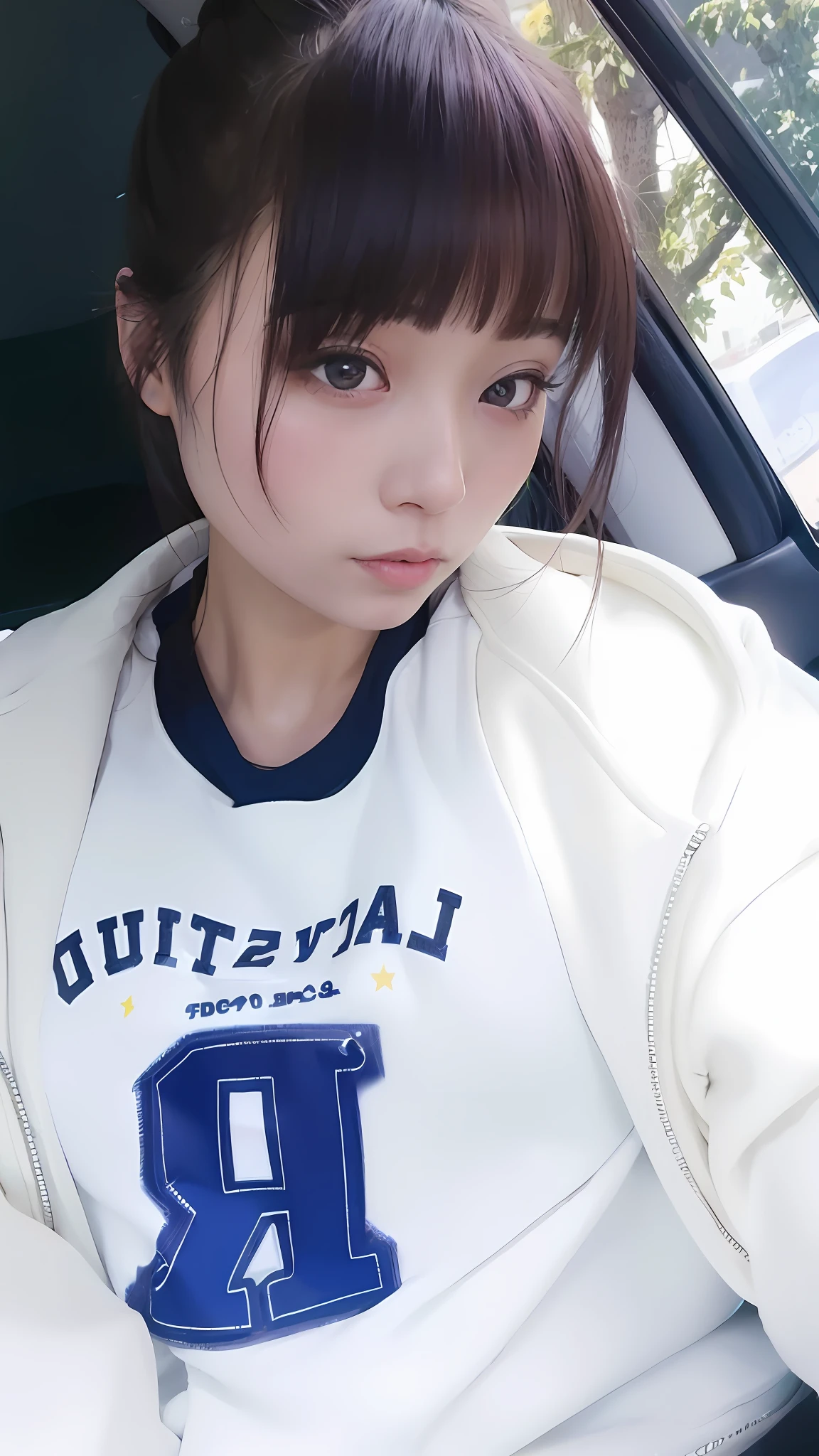 arafed asian woman sitting in a car with a white sweatshirt, ulzzang, 奈良美智, dilraba dilmurat, aya takano color style, reluvy5213, white hime cut hairstyle, chiho, korean girl, 🚿🗝📝, girl cute-fine-face