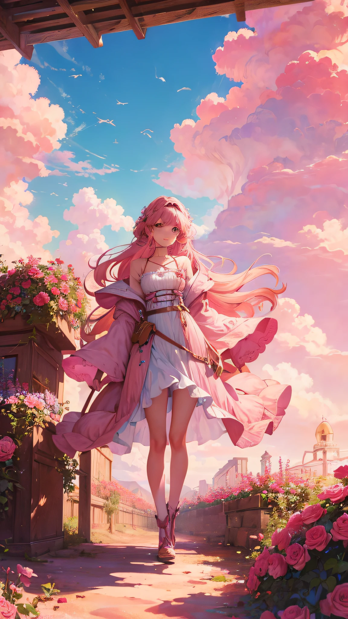 Summer, desert, pink clouds, a land overgrown with roses stands beautiful girl, James Gurney, art station rendered, ultra-wide lens, high definition