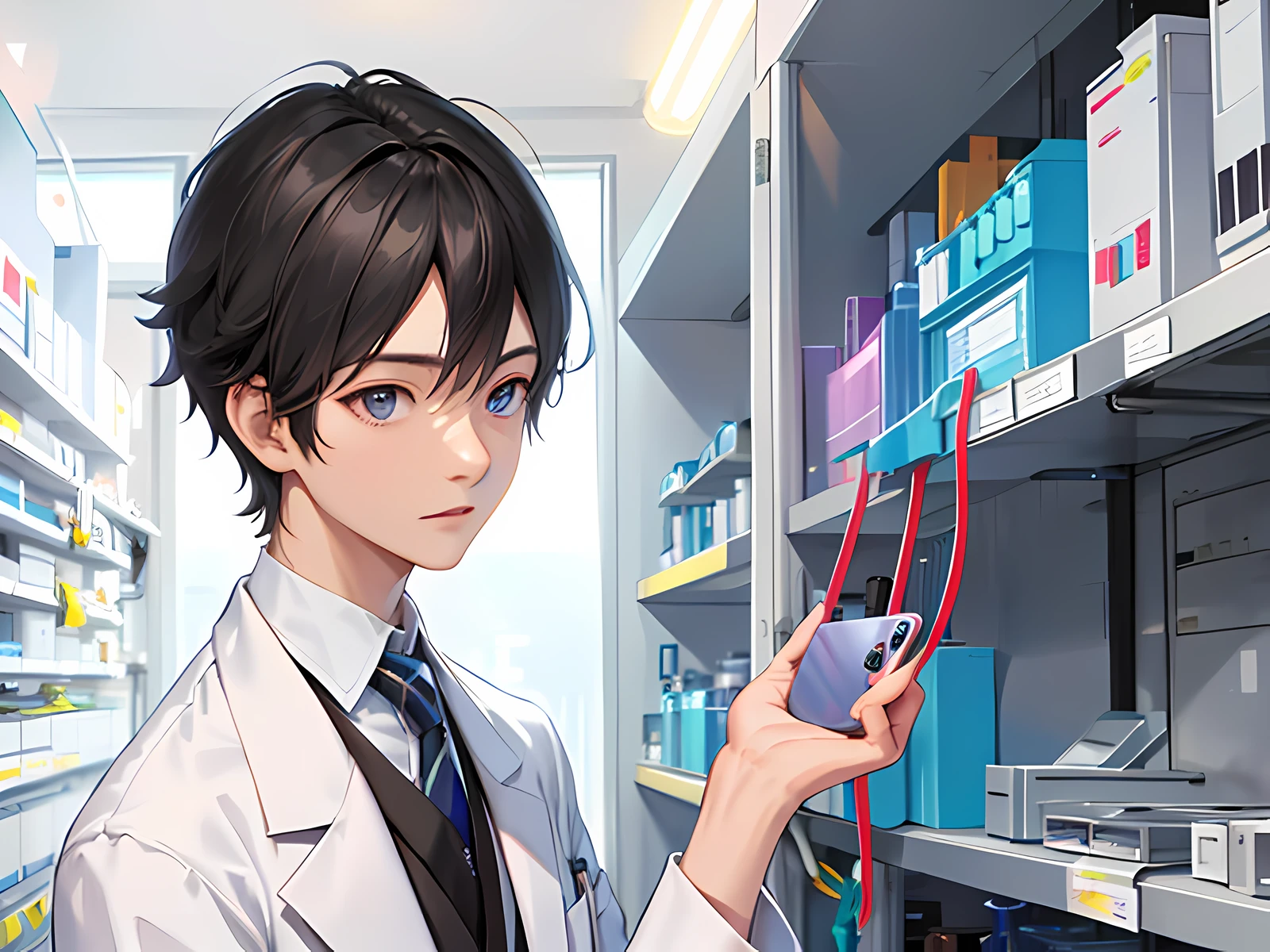 Anime character in lab coat, holding cell phone in front of shelf, wearing lab coat, lab background, man in lab coat, standing in lab, elite scientist, in lab, still from TV anime, he is in alchemist lab, Humachine humanization experiment, doctor, wearing lab coat and shirt, (scientist)