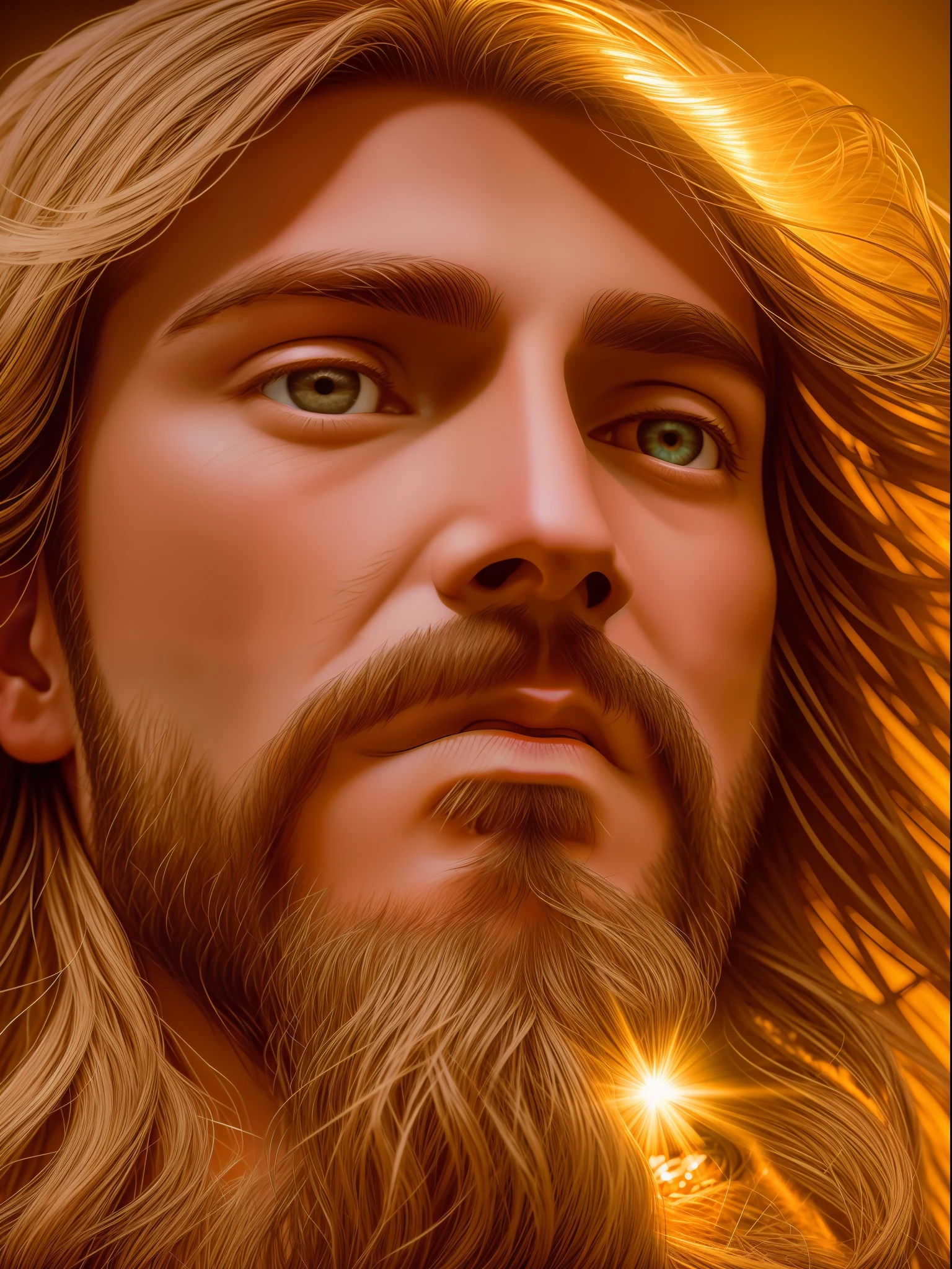 Jesus' face is illuminated by a beam of light as you gaze at him up close, closeup, macro, 8k, photo realistic, kodak ektar