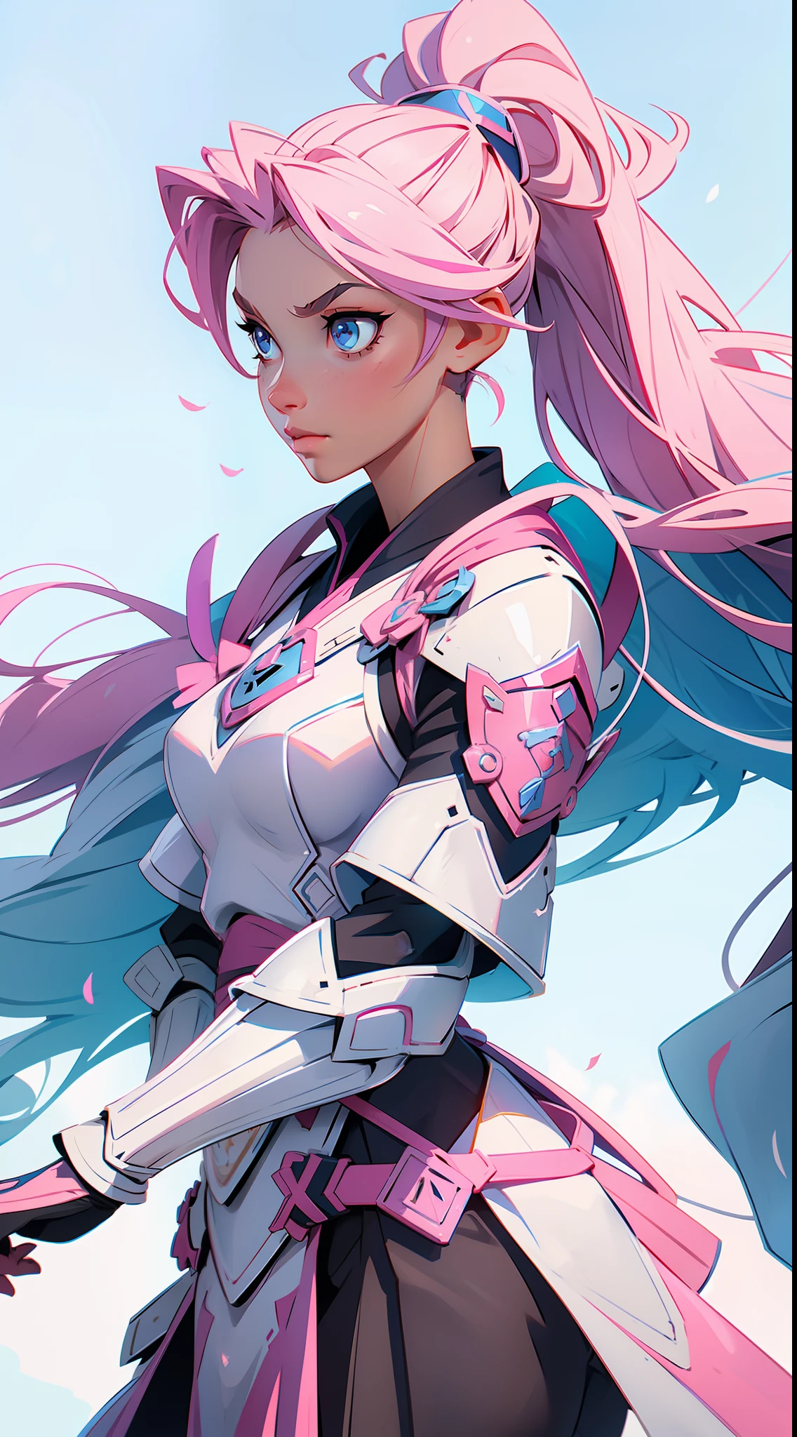 stunning girl long pink samurai ponytail hair sideswept and blue eyes and paladin armor blue military uniform