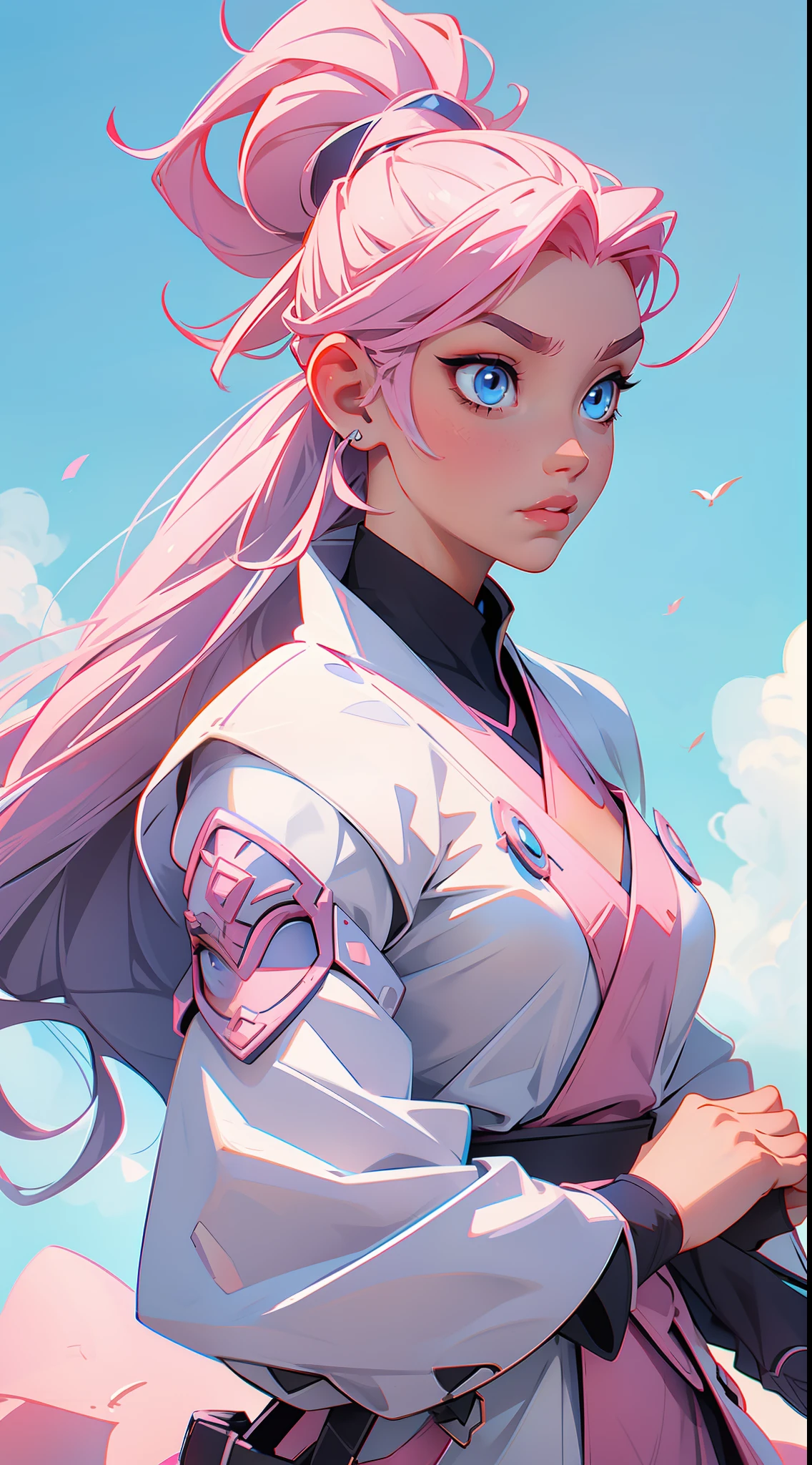 stunning girl long pink samurai ponytail hair sideswept and blue eyes and paladin armor blue military uniform