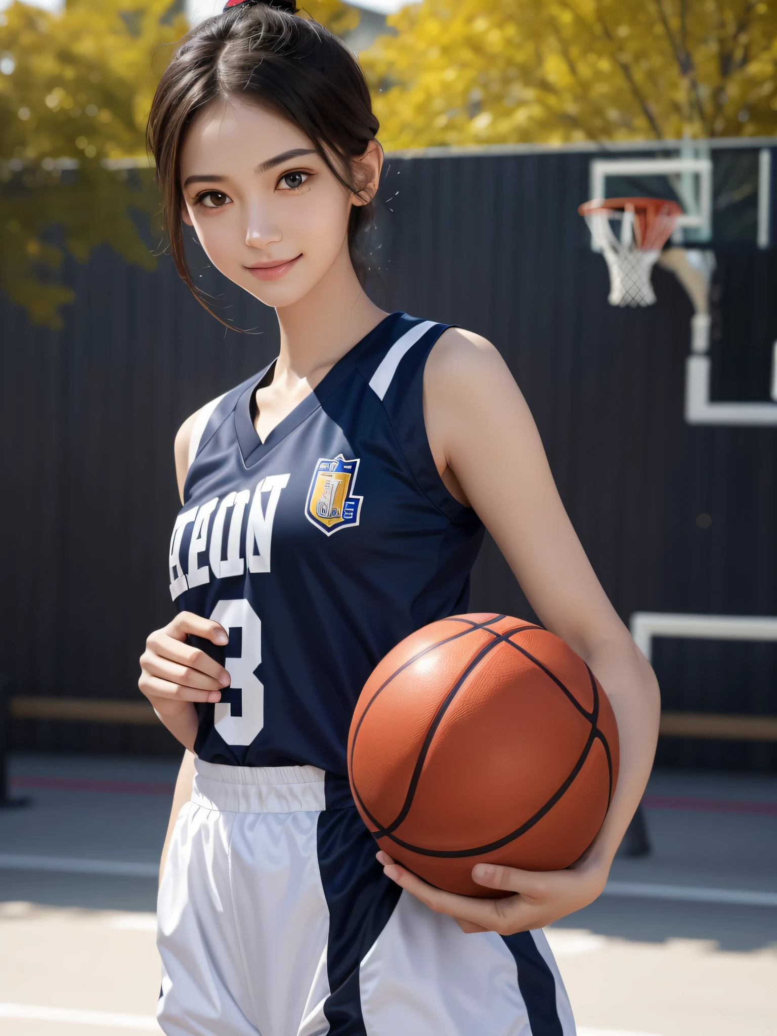 8k, Perfect human body, Real person, Photorealistic, RAW photo, Real human face, Real human face skin, 17yearsold, tall girl, small breasts, slim body, (looking at the camera with pure love eyes with shy smile), showing the whole body, up do hairstyle, no makeup, beautiful white skin, real human black cute eyes, sparkling eyes, cute face, movie lighting, wearing a basketball uniform, doing basketball, back ground at school athletic field,