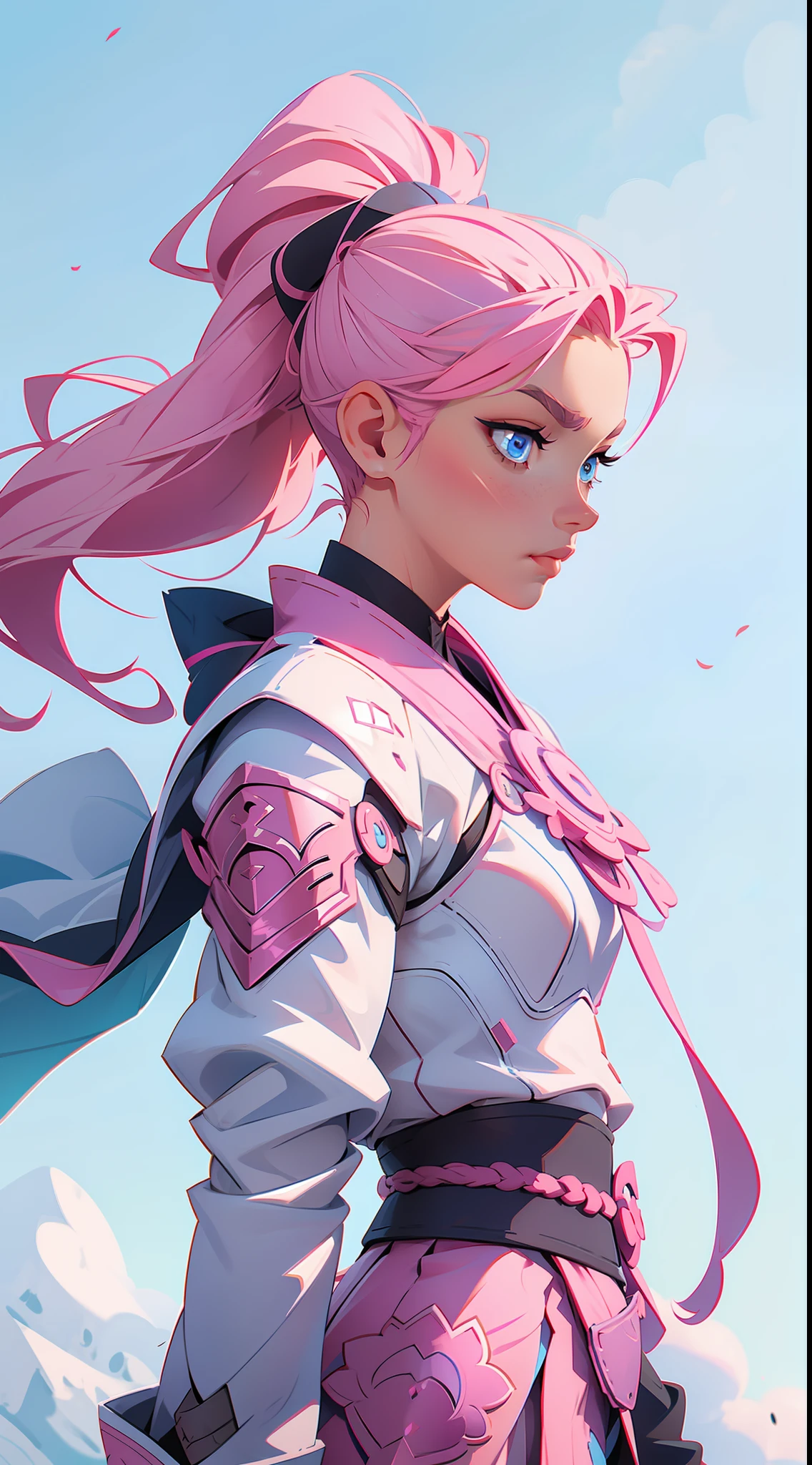 stunning girl long pink samurai ponytail hair sideswept and blue eyes and paladin armor blue military uniform