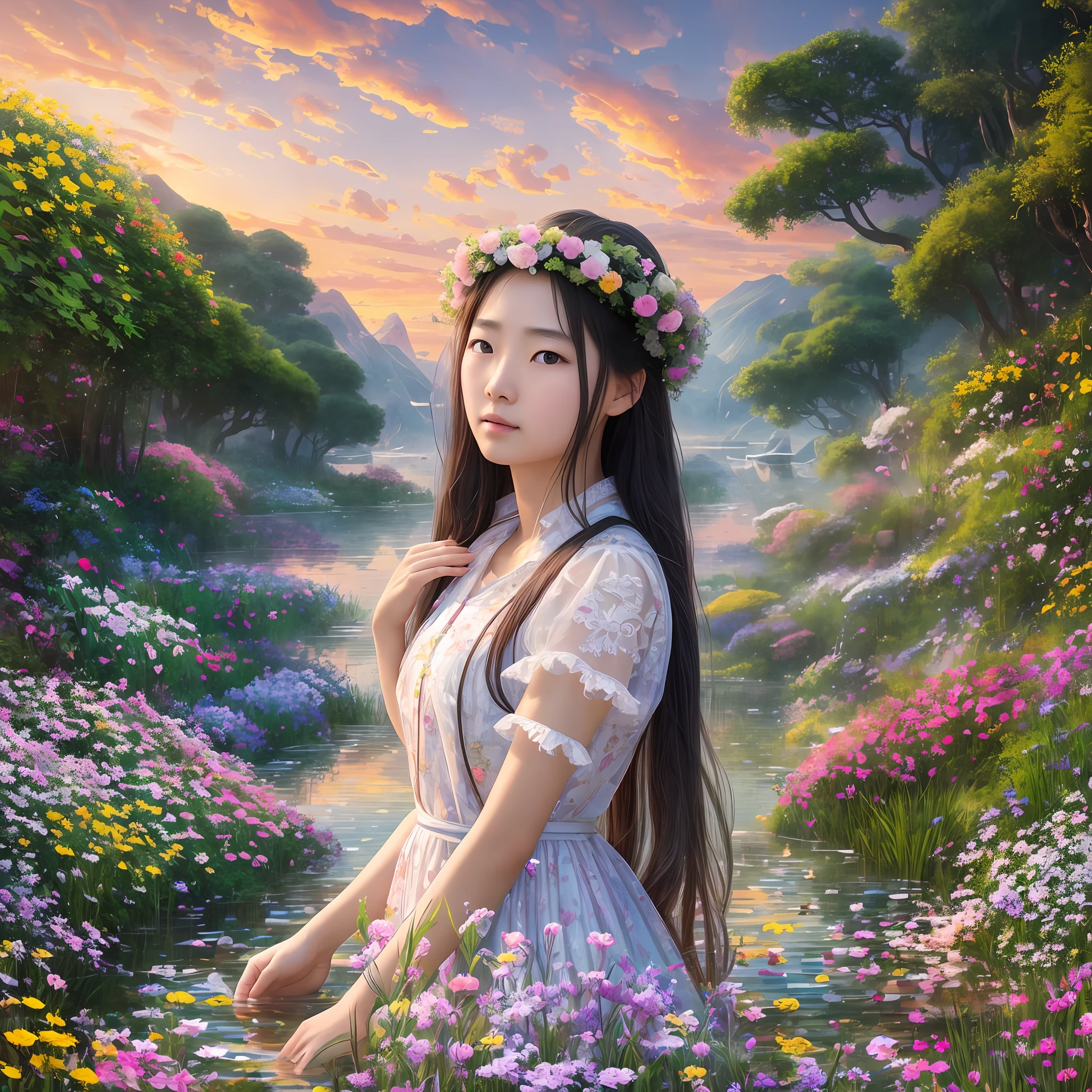 An 18-year-old Chinese girl is surrounded by water in a sea of flowers. In the sunset scene, the overall picture of beautiful and dreamy glass color complex and extreme realism surrealism and neo-impressionist realism style, photography foreground and distant cinematic style facial focus fantasy engine, dreamy sky garden with extreme detail, ultra HD, 8K--AR3:4--Q2--S750--V5.1 style RAW --auto --s2