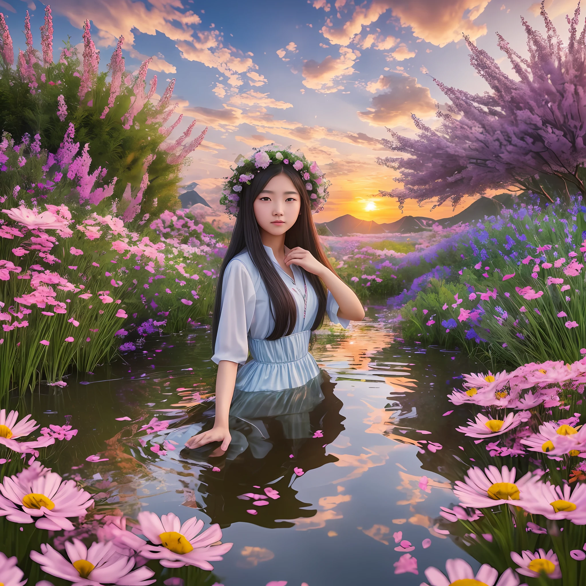 An 18-year-old Chinese girl is surrounded by water in a sea of flowers. In the sunset scene, the overall picture of beautiful and dreamy glass color complex and extreme realism surrealism and neo-impressionist realism style, photography foreground and distant cinematic style facial focus fantasy engine, dreamy sky garden with extreme detail, ultra HD, 8K--AR3:4--Q2--S750--V5.1 style RAW --auto --s2