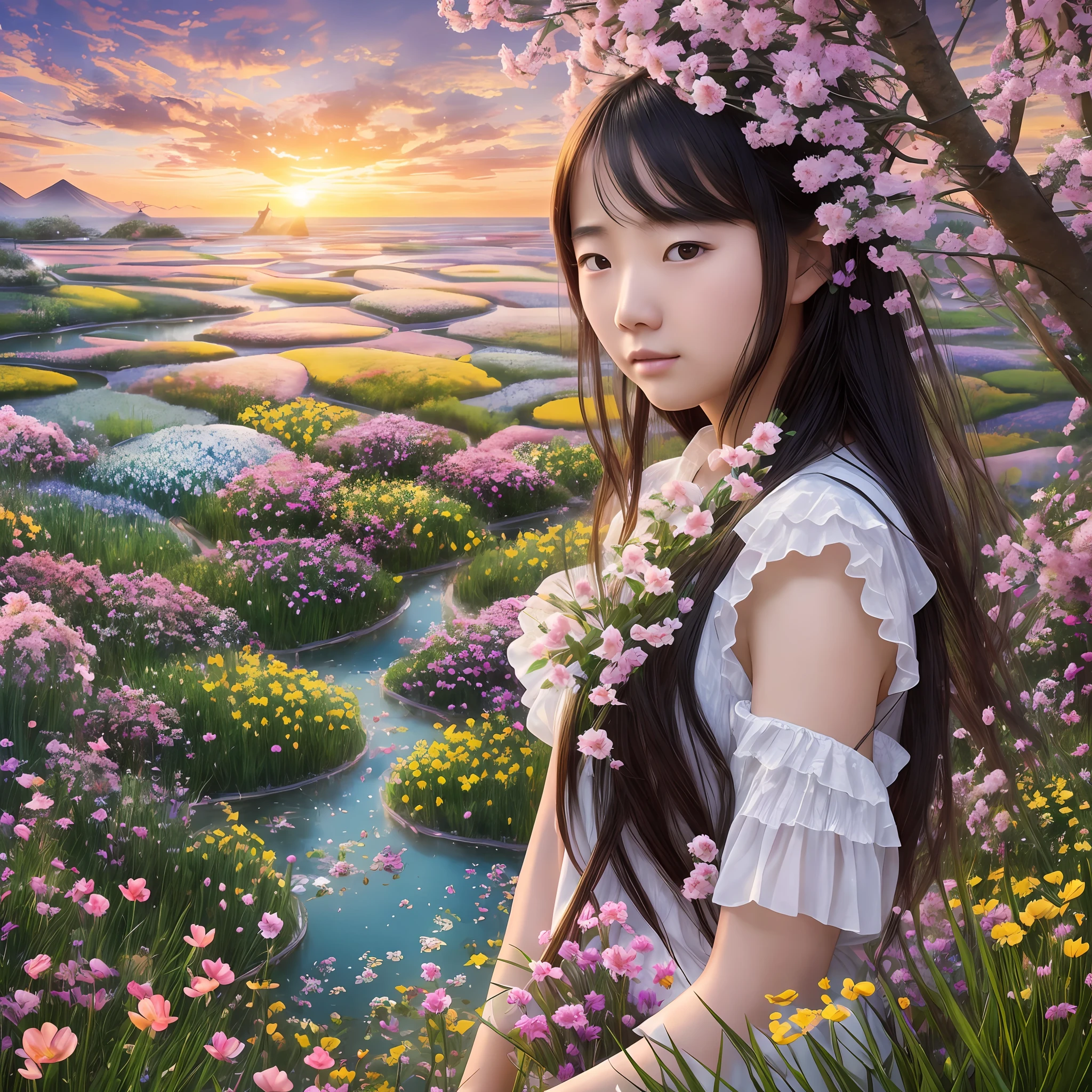 An 18-year-old Chinese girl is surrounded by water in a sea of flowers. In the sunset scene, the overall picture of beautiful and dreamy glass color complex and extreme realism surrealism and neo-impressionist realism style, photography foreground and distant cinematic style facial focus fantasy engine, dreamy sky garden with extreme detail, ultra HD, 8K--AR3:4--Q2--S750--V5.1 style RAW --auto --s2