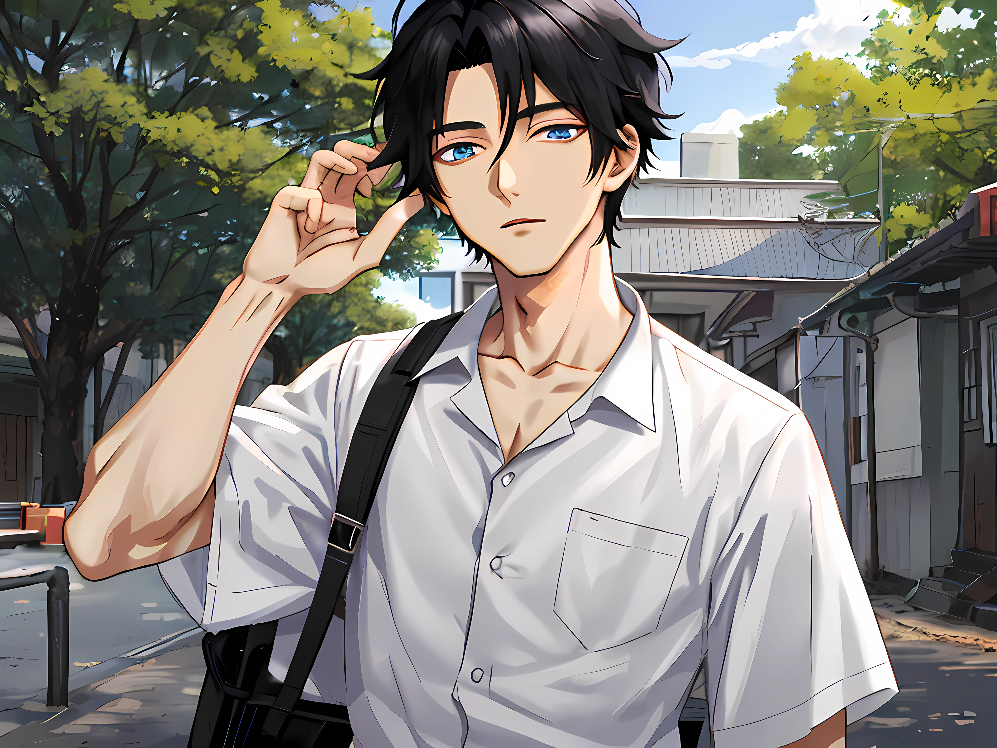 anime character with black hair and white shirt holding a black bag, handsome anime pose, anime handsome man, young anime man, male anime character, smooth anime cg art, male anime style, inspired by Bian Shoumin, live2d virtual youtuber model, anime portrait of a handsome man, anime moe artstyle, tall anime guy with blue eyes