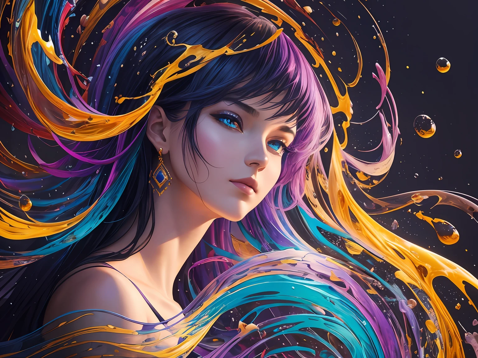 Colorful beautiful woman: a woman 18-years old, messy hair, oil painting, nice perfect face with soft skinice perfect face, blue yellow colors, light purple and violet additions, light red additions, intricate detail, splash screen, 8k resolution, masterpiece, cute face,artstation digital painting smooth veryBlack ink flow: 8k resolution photorealistic masterpiece: intricately detailed fluid gouache painting: by Jean Baptiste Mongue: calligraphy: acrylic: watercolor art, professional photography, natural lighting, volumetric lighting maximalist photoillustration: by marton bobzert:, complex, elegant, expansive, fantastical --auto --s2