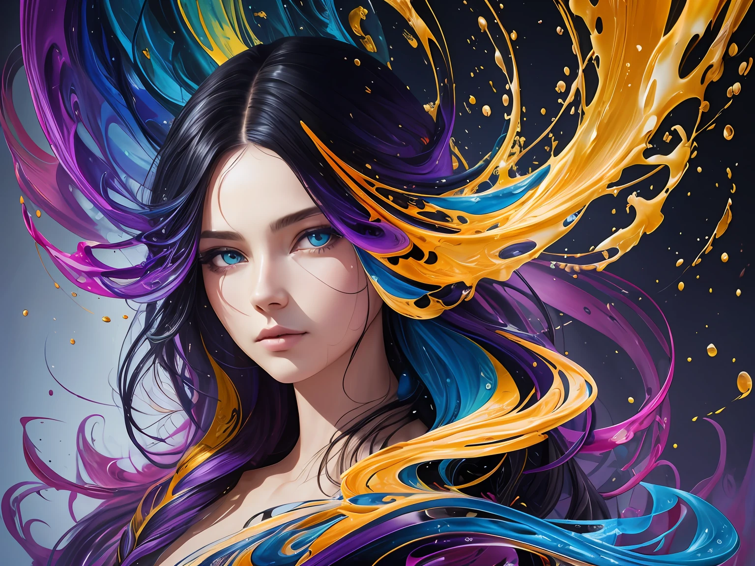 Colorful beautiful woman: a woman 18-years old, messy hair, oil painting, nice perfect face with soft skinice perfect face, blue yellow colors, light purple and violet additions, light red additions, intricate detail, splash screen, 8k resolution, masterpiece, cute face,artstation digital painting smooth veryBlack ink flow: 8k resolution photorealistic masterpiece: intricately detailed fluid gouache painting: by Jean Baptiste Mongue: calligraphy: acrylic: watercolor art, professional photography, natural lighting, volumetric lighting maximalist photoillustration: by marton bobzert:, complex, elegant, expansive, fantastical --auto --s2