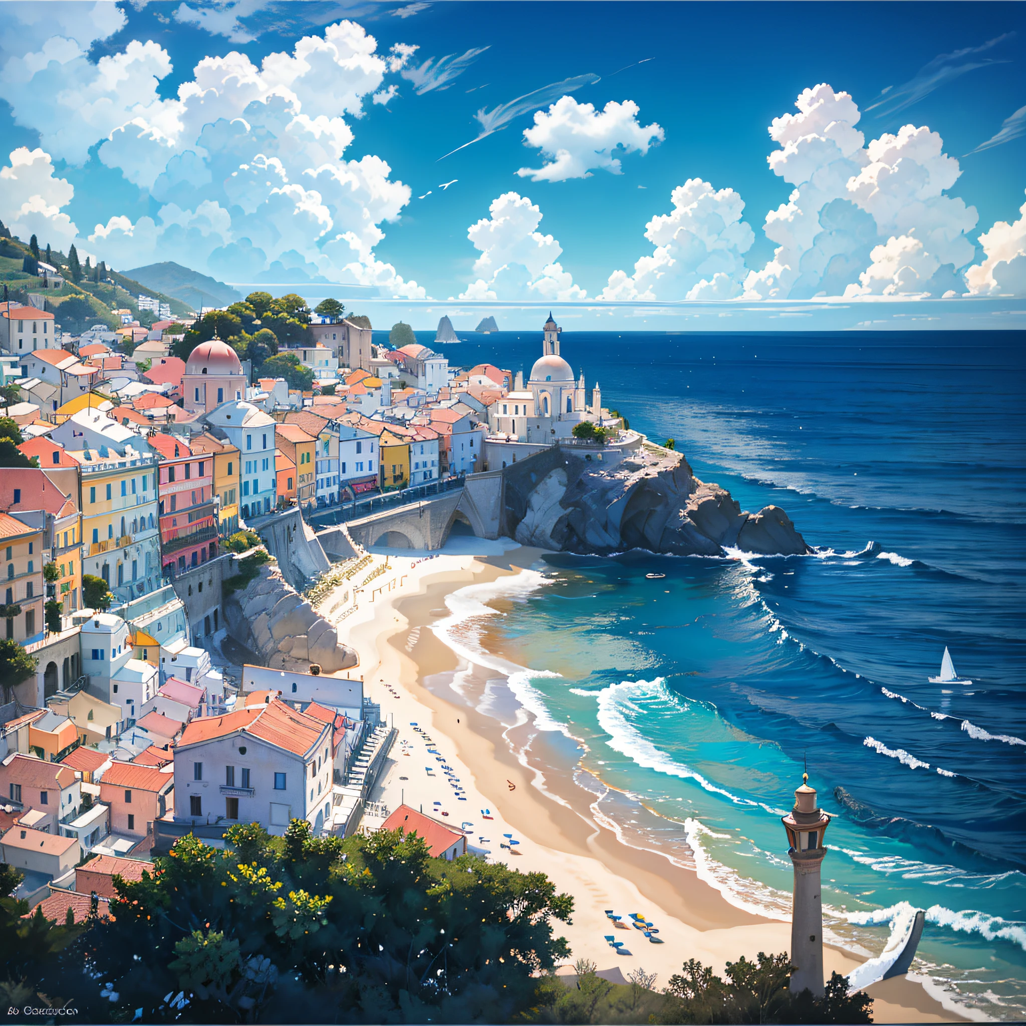 Photographic realism, Mediterranean, Italian town, turquoise sea, crystal clear water, waves crashing at the foot of majestic cliffs, lively town, plenty of midday sun, extreme picture, clear details, very beautiful, giving people a warm feeling. --auto --s2