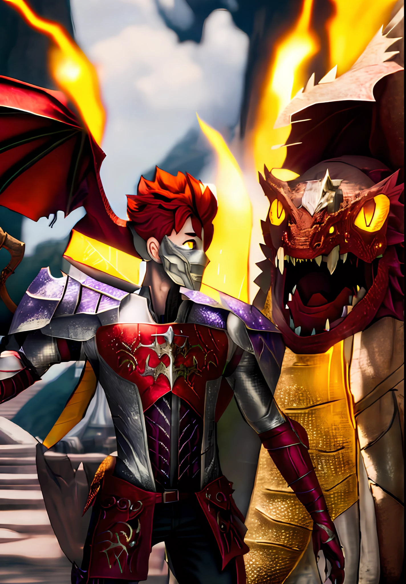 There is a cartoon of a man holding a sword and a dragon, fusion human and dragon, battle with dragon, fighting a dragon, with scaly-looking armor, draconian-looking armor, dragon in the background, like a badass monster hunter, dragon knight, dragon! man, fire battle coloring, dragon slayer, dragon inspired armor,,red hair,platinum red armor,bright golden sword,illumination from the sun,cute dragon