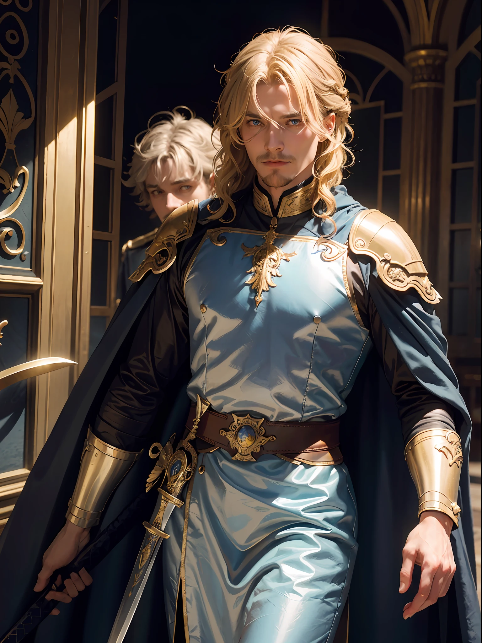 A mature adult man is a forty-year-old knight. 1 boy, wrinkles between eyebrows. Blue eyes, yellow hair, long hair, curly hair, side parted bangs. He wears a red uniform, stand-up collar, gold decoration, collar, cloak, perise, and white gloves.He has a sword on his waist.fantasy. Alphonse Mucha Paul M Smith