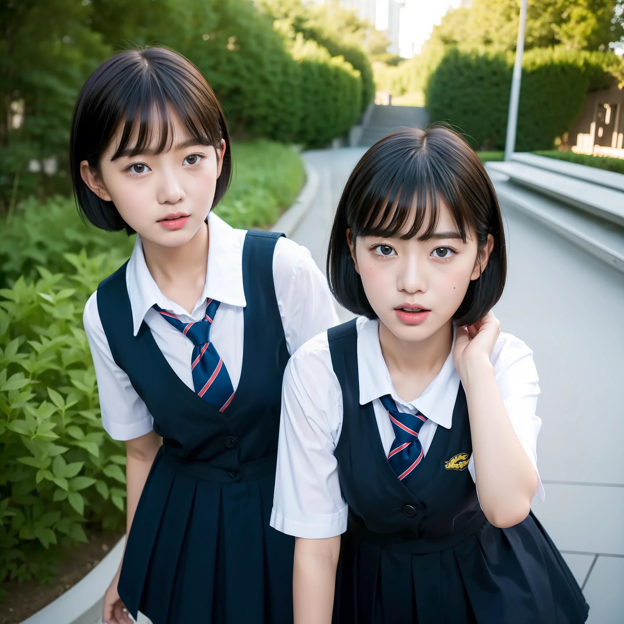 ((Best Quality)), ((Masterpiece)), Cute schoolgirl, short cuts, black hair, looking at the camera, strong expression, clothes are school summer clothes, season is summer, school, dusk, youth, portrait of only one person