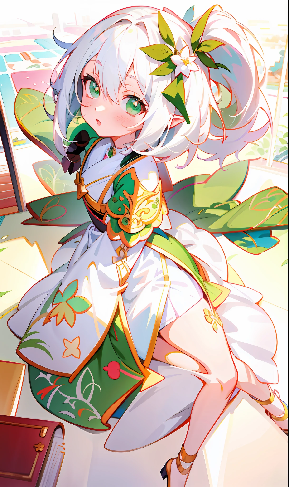 Anime girl with white hair and green eyes sitting on the floor, pixiv, popular on ArtStation Pixiv, detailed anime art, cute anime outer house wearing beautiful clothes, splash art anime loli, detailed anime artwork, elf girl, loli in dress, pixiv, little curve loli, digital art on pixiv, pixiv style, watercolor