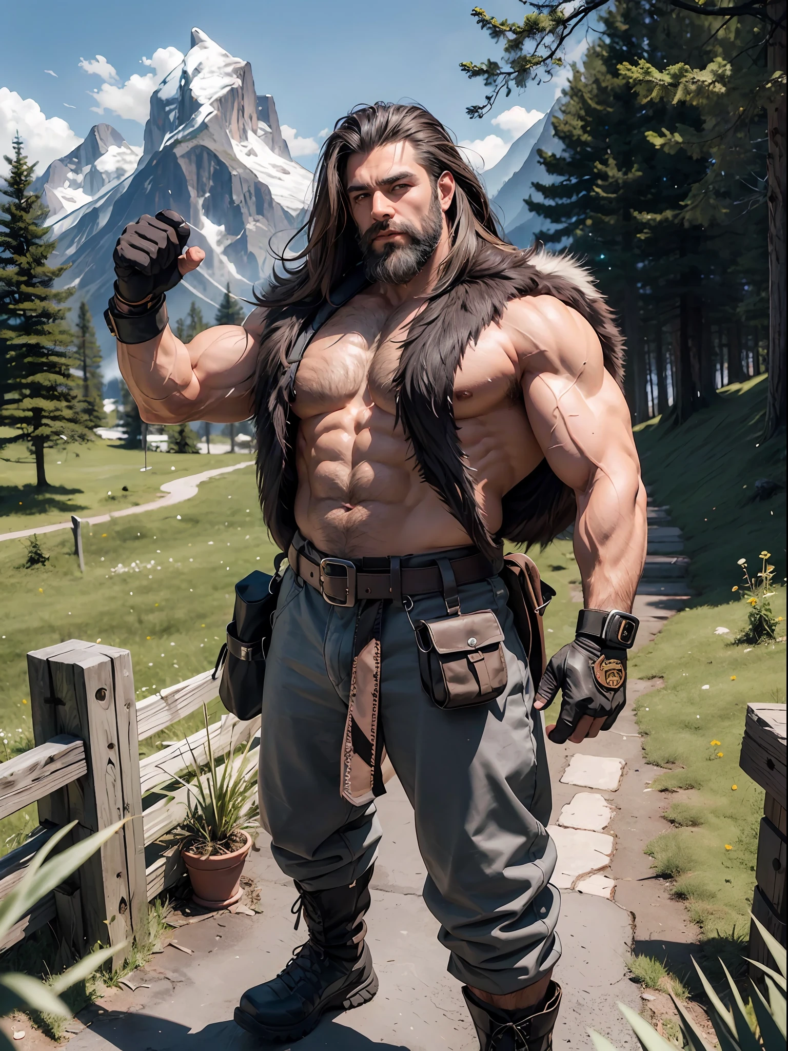 super detailed, ultra quality, high resolution, masterpiece, detailed eyes, detailed hair, (detailed physique), standing, looking forward, solo 1 man, (old wise man), (rugged face), muscular, large muscles, (bulk figure), broad shoulders, thick facial hair, thick beard, long high ponytail, long bangs, thick hair, greying hair, greying facial hair, grey eyes, facial scars), blind in left eye, kind and loving smile, battle scars, muscular arms, abs, muscular legs, brown fur coat, sleeveless, black fingerless gloves, black long pants, hiking boots, thick forest, mountains in the distance,