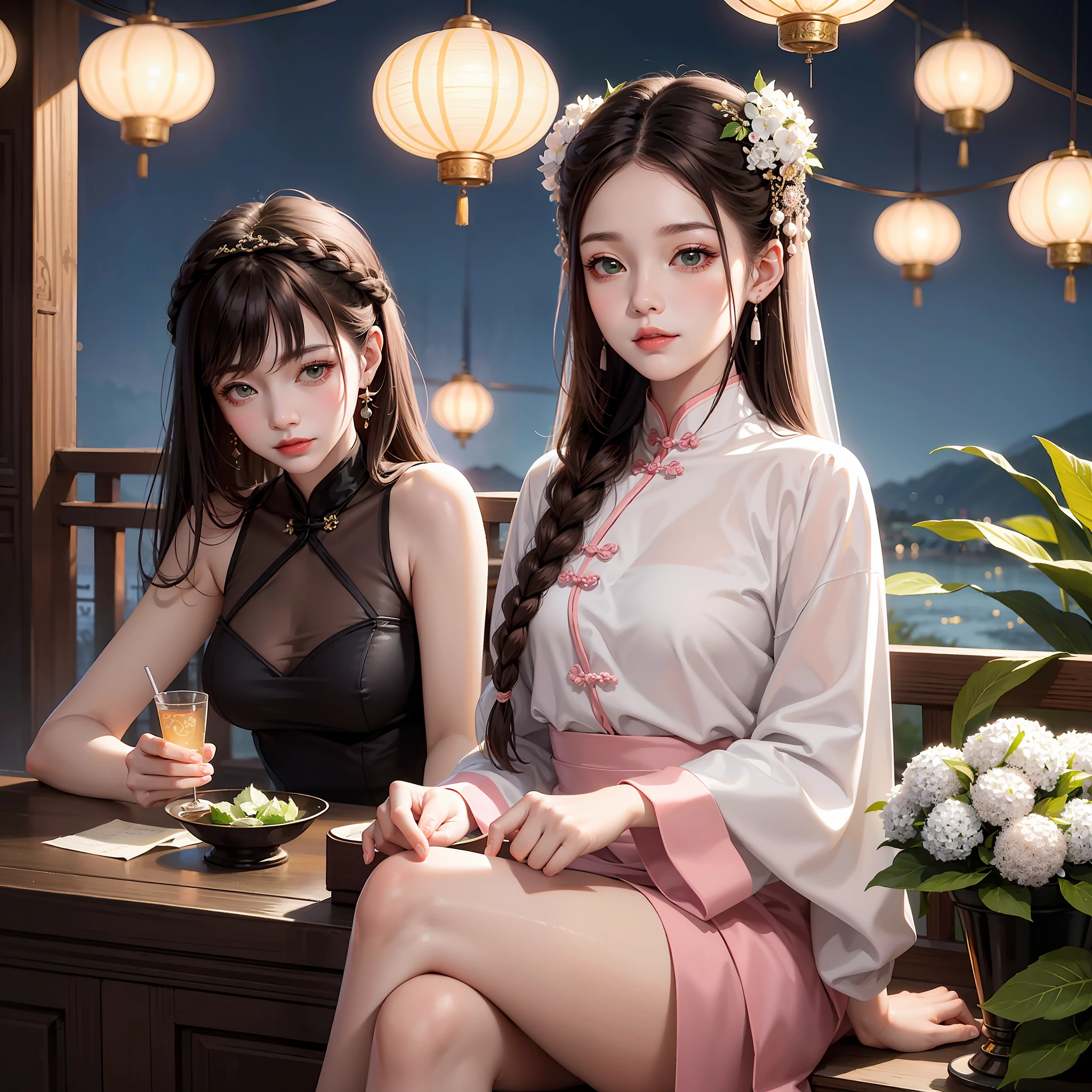 Masterpiece: The Best Night Full Moon 1 Female Mature Chinese Style Ancient Chinese Sister Royal Sister Smile Brown Hair Princess Cut Single Twist Braid Double Pill Head Light Pink Lips, Calm, Intellectual, Medium Hair, Green Eyes, Hairpin, Hydrangea,