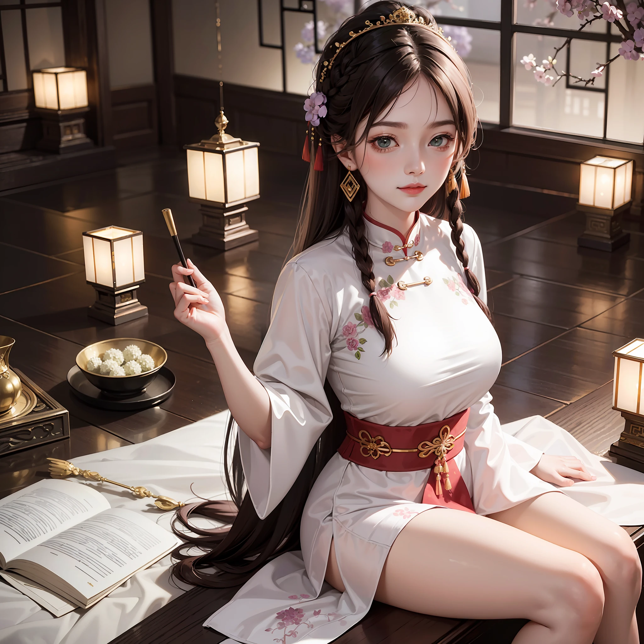 Masterpiece: The Best Night Full Moon 1 Female Mature Chinese Style Ancient Chinese Sister Royal Sister Smile Brown Hair Princess Cut Single Twist Braid Double Pill Head Light Pink Lips, Calm, Intellectual, Medium Hair, Green Eyes, Hairpin, Hydrangea,