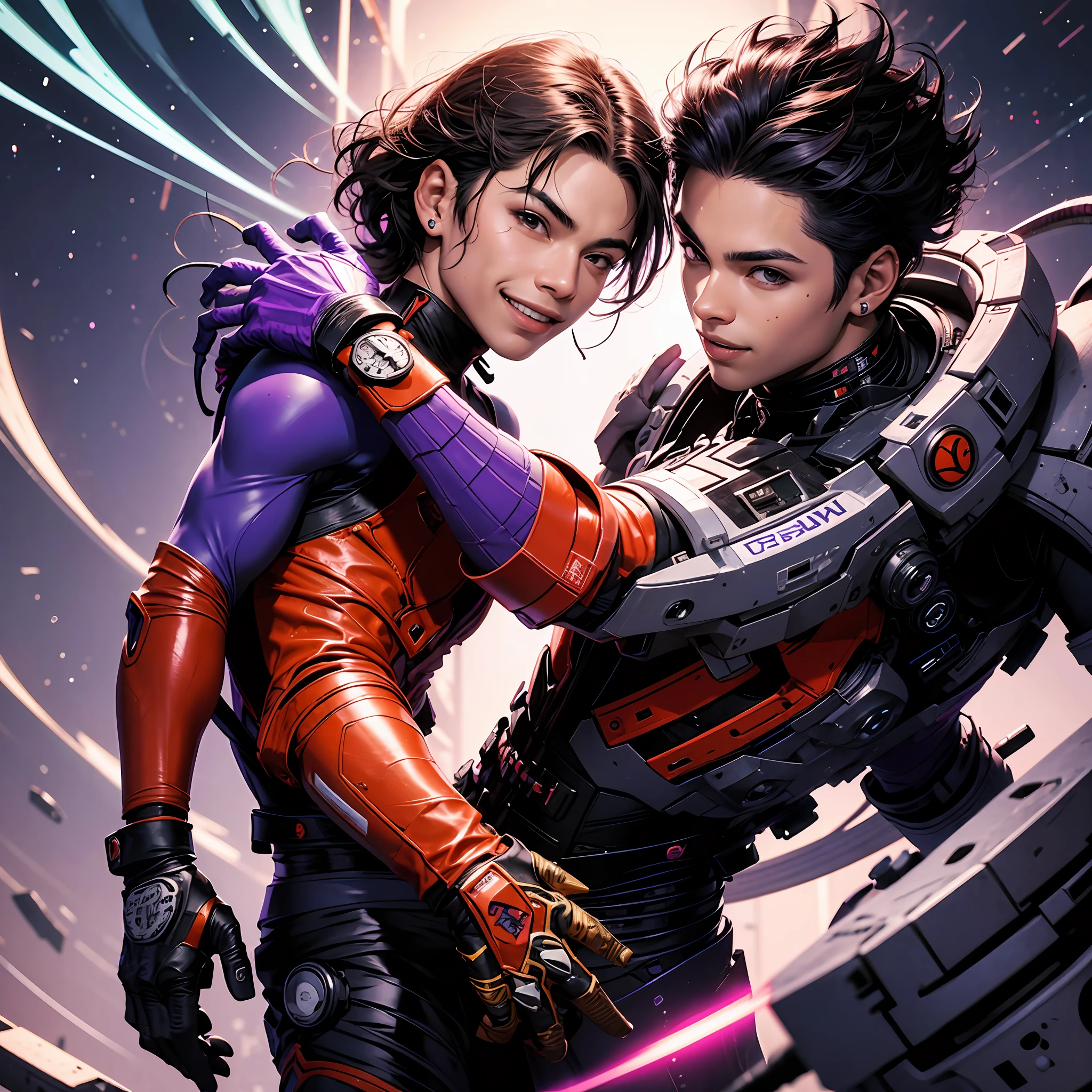 Two light-skinned Latino boys, Brazilians, smiling, doing poses, gamers, image background in red and purple, with stickers, internet items