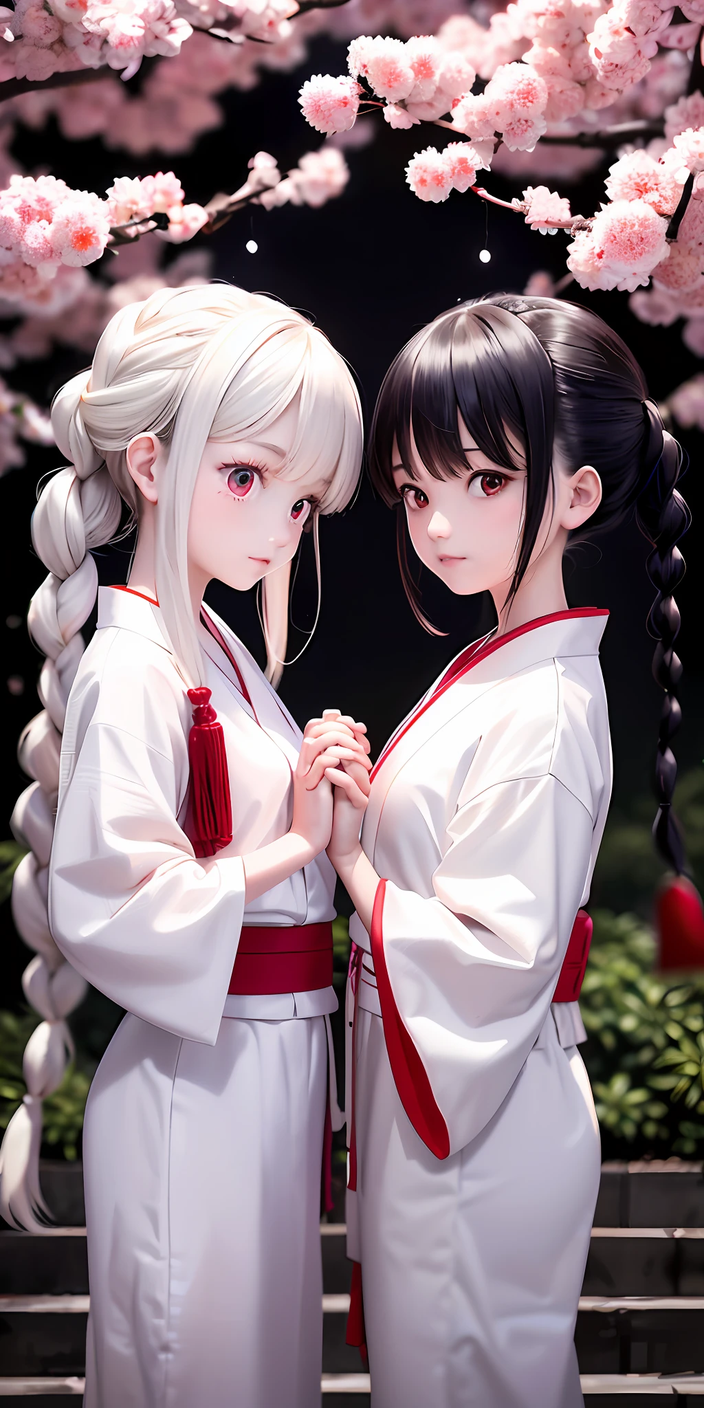 best quality, masterpiece, 2girls, glowing red eyes, yukata, ((All White-Clothes)), ((looking down)), japan, upper body,long hair, bangs, expressionless, holding hands, Fair skin,side braids, tree, cheery blossom, night, Street lights, shy, shadow, blurry, embrace each other, (beautiful detailed face), (beautiful detailed eyes),