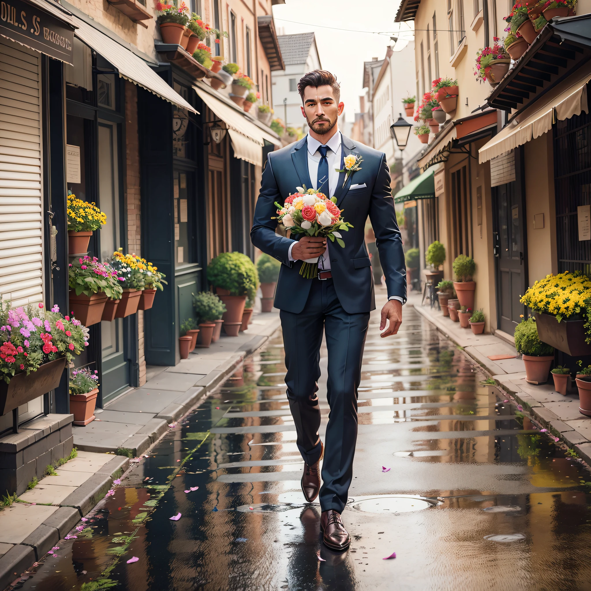 An image of a man holding a bouquet of flowers as he walks towards a woman. --auto --s2