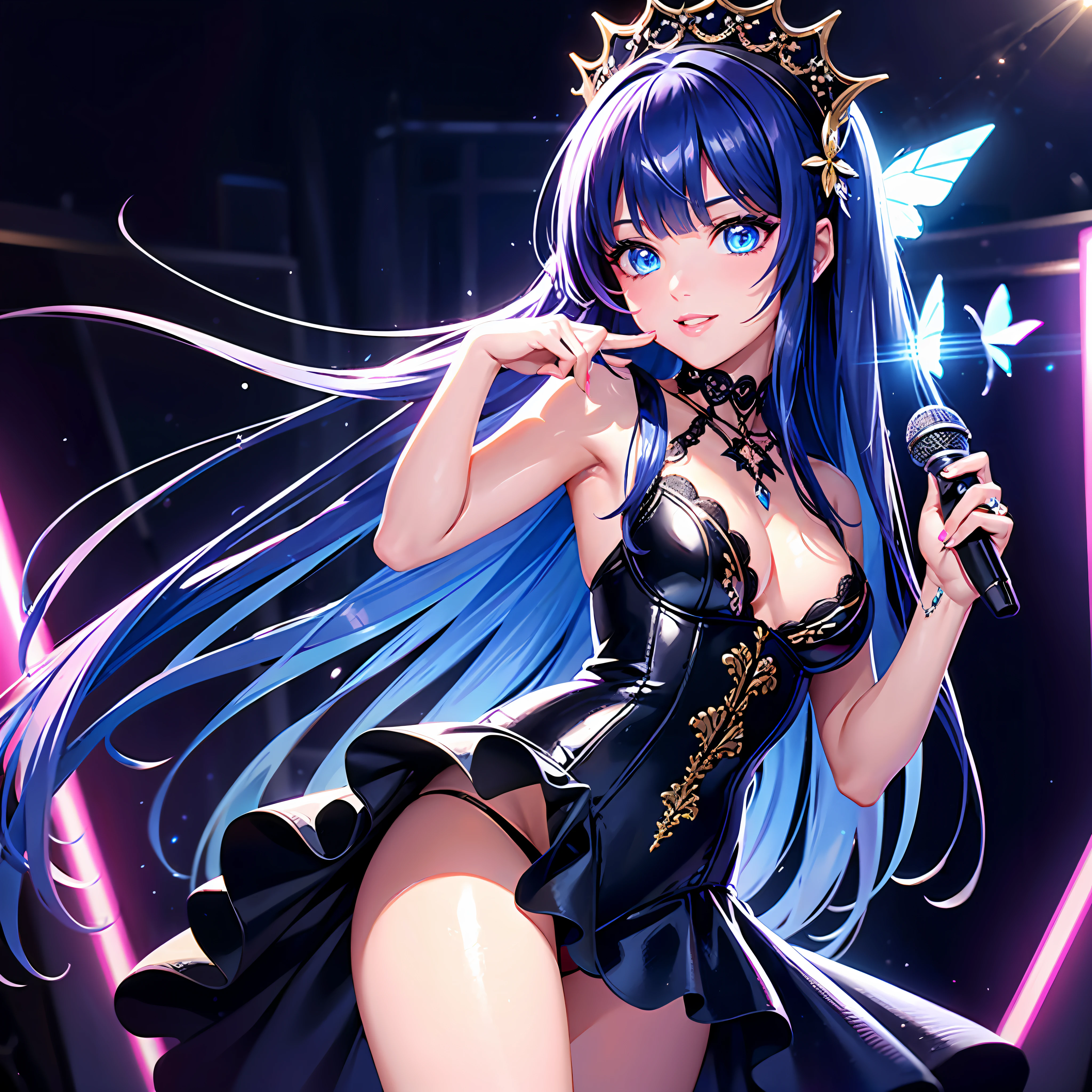 Illustration, cinematic light, high resolution, best quality, super detailed, detailed face, (detailed eyes), highest quality, super detail, masterpiece, (detailed face), pretty face, best smile, sexy mature woman transparent (goth costume: 1.5), cloth, choker, open cloth, NSFW, high heels, blue eyes, neon small shiny hair edges, D cup, cleavage, AI fantasy concert, Shining lighting, idol, with neon details, (live stage: 1.15), (holding the microphone in left hand and singing: 15), (crowded audience in the background), light reflection, heart-shaped iris, playful eyes, open shoulders, (wet body), small glowing butterfly, hair jewelry, panties, cute panties: 1.5