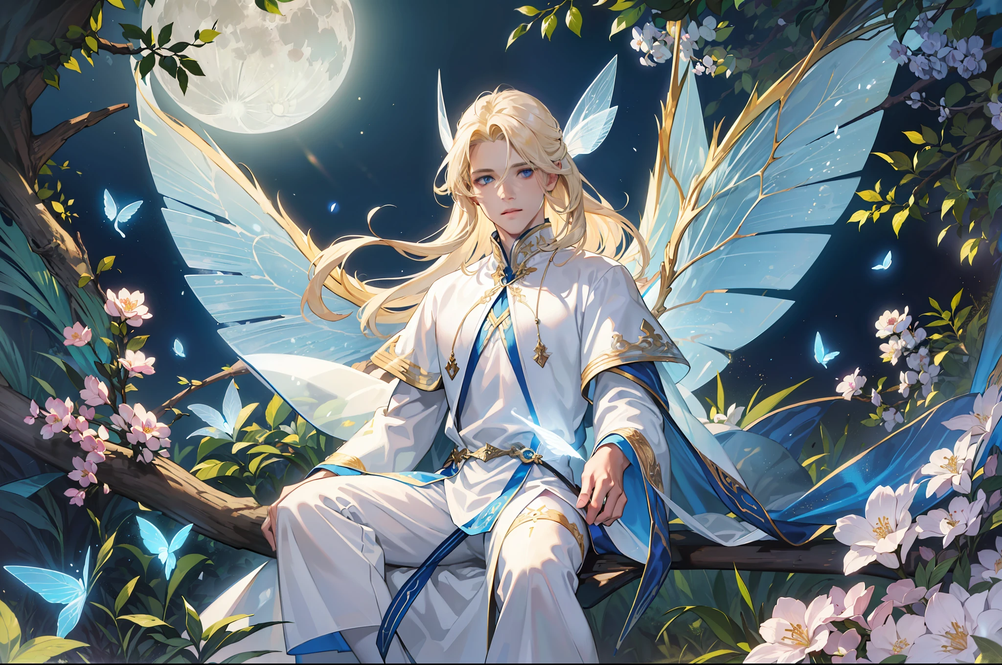 ((Superior quality, portraits, masterpieces, 8K wallpapers: 1.3)), man with long straight ash blond hair (((LONG BLOND HAIR))), blue eyes like diamonds (((BLUE EYES))), (((MALE FOCUS))) (((Fairy white wings on his back))) (((CHEERFUL LOOK))) sitting on a branch of a moeto tree, bioluminescent blue butterflies, dark hour, perfect shadows and reflections of the moon on the scene. white tunic, translucent, covered, clear clothing of God, CLOTHING COVERING HIS SKIN, TULLE TUNIC
