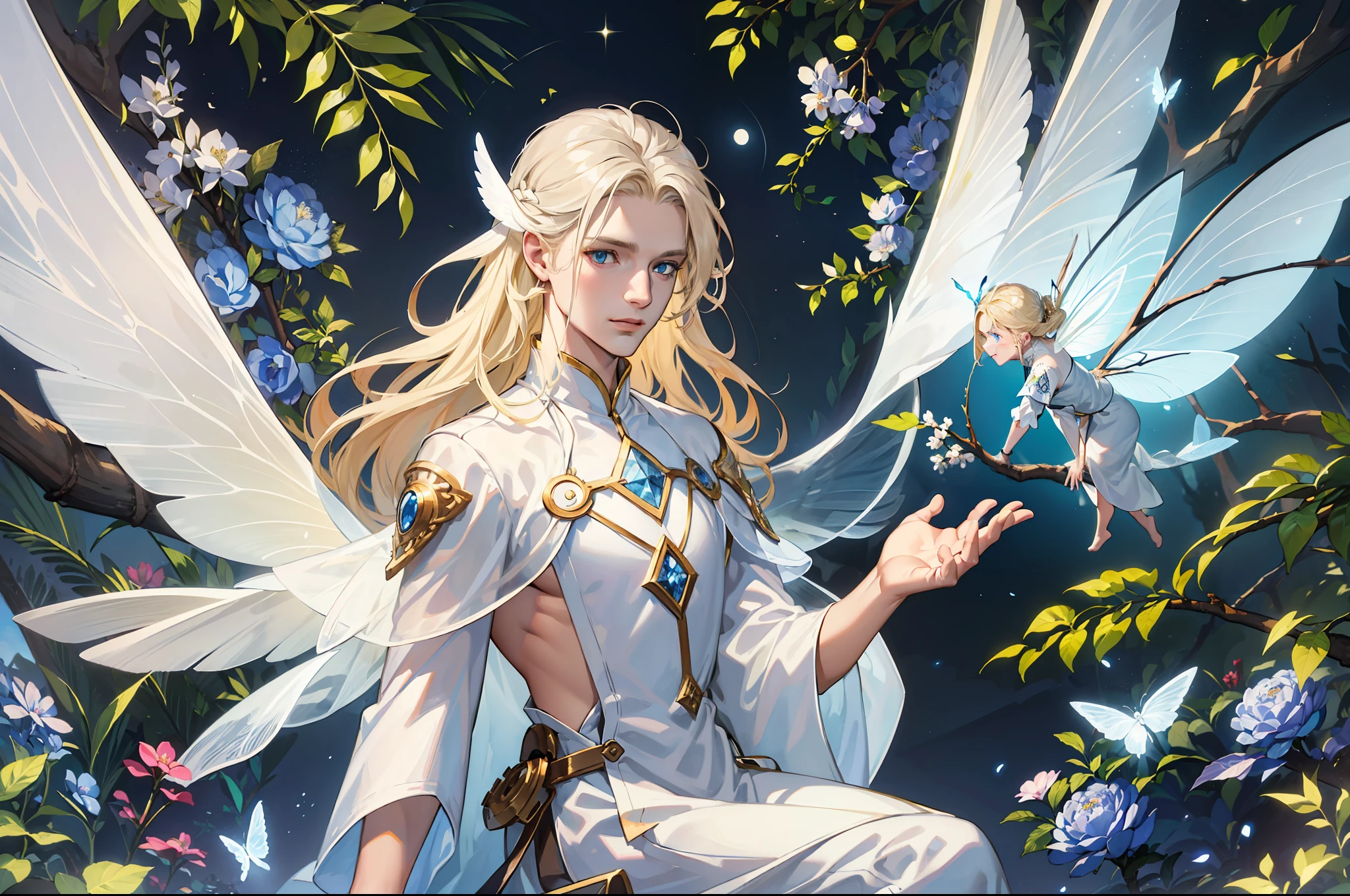 ((Superior quality, portraits, masterpieces, 8K wallpapers: 1.3)), man with long straight ash blond hair (((LONG BLOND HAIR))), blue eyes like diamonds (((BLUE EYES))), (((MALE FOCUS))) (((Fairy white wings on his back))) (((CHEERFUL LOOK))) sitting on a branch of a moeto tree, bioluminescent blue butterflies, dark hour, perfect shadows and reflections of the moon on the scene. white tunic, translucent, covered, clear clothing of God, CLOTHING COVERING HIS SKIN, TULLE TUNIC