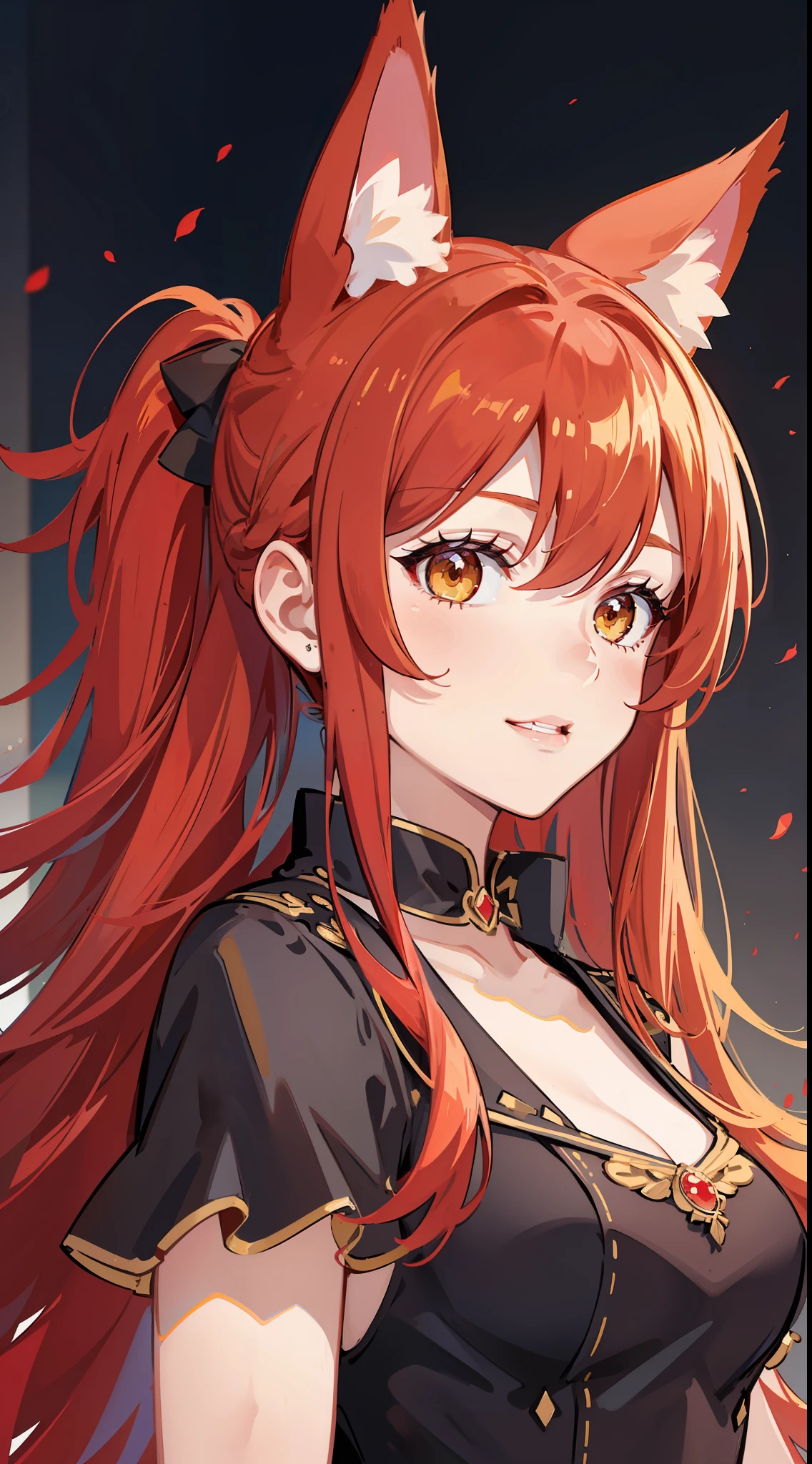 Adult girl, long red hair, high ponytail, yellow eyes, fox ears, red rich dress, open shoulders, smile, masterpiece, high quality