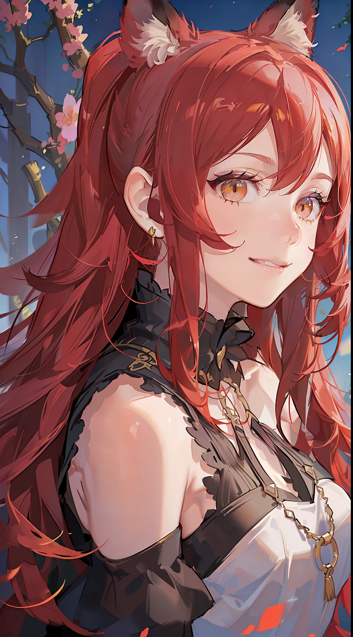 Adult girl, long red hair, high ponytail, yellow eyes, fox ears, red rich dress, open shoulders, smile, masterpiece, high quality