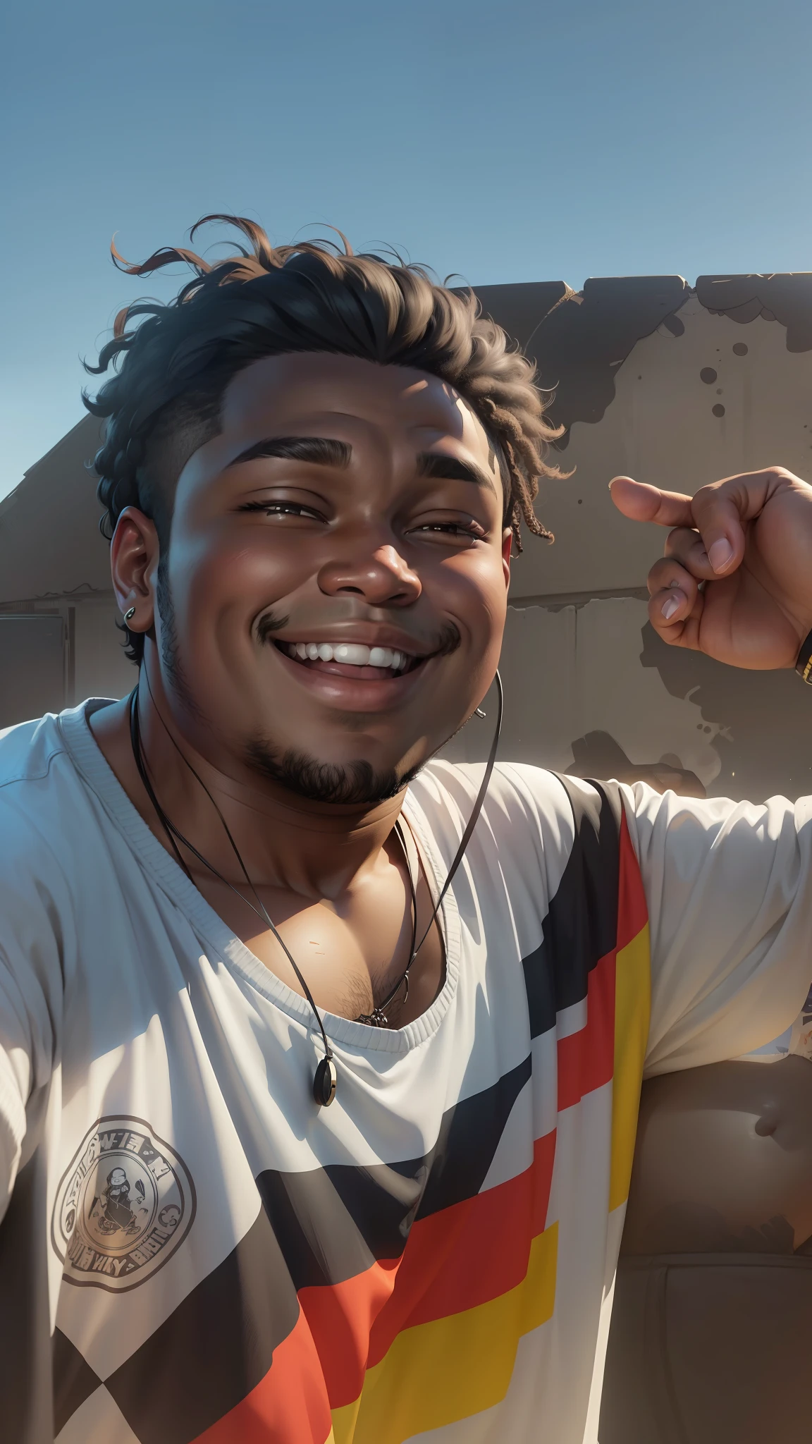(8k, best quality, illustration, portrait, 19 year old fat man, black skin, smiling, smile, happy) anime art style