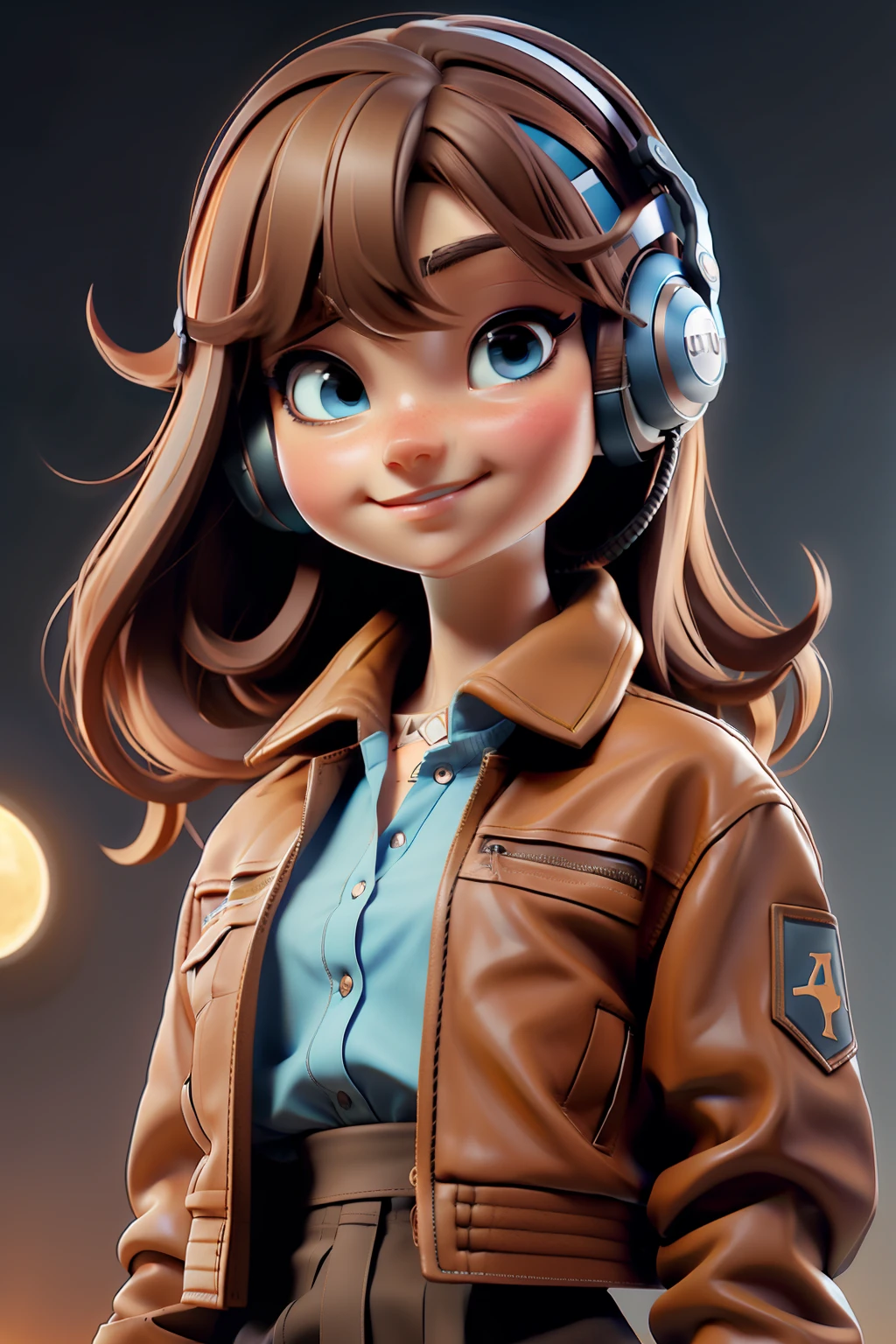 realistic anime style digital art of an 18 year old girl, bright light blue eyes, light brown hair, black skirt, bare legs, black polo shirt, brown leather jacket, looking up, 120 degree angle, using gamer headset, space scenery, floating in space, various other details, 16k ultra HD vivid colors masterpiece ultra cinematic resolution