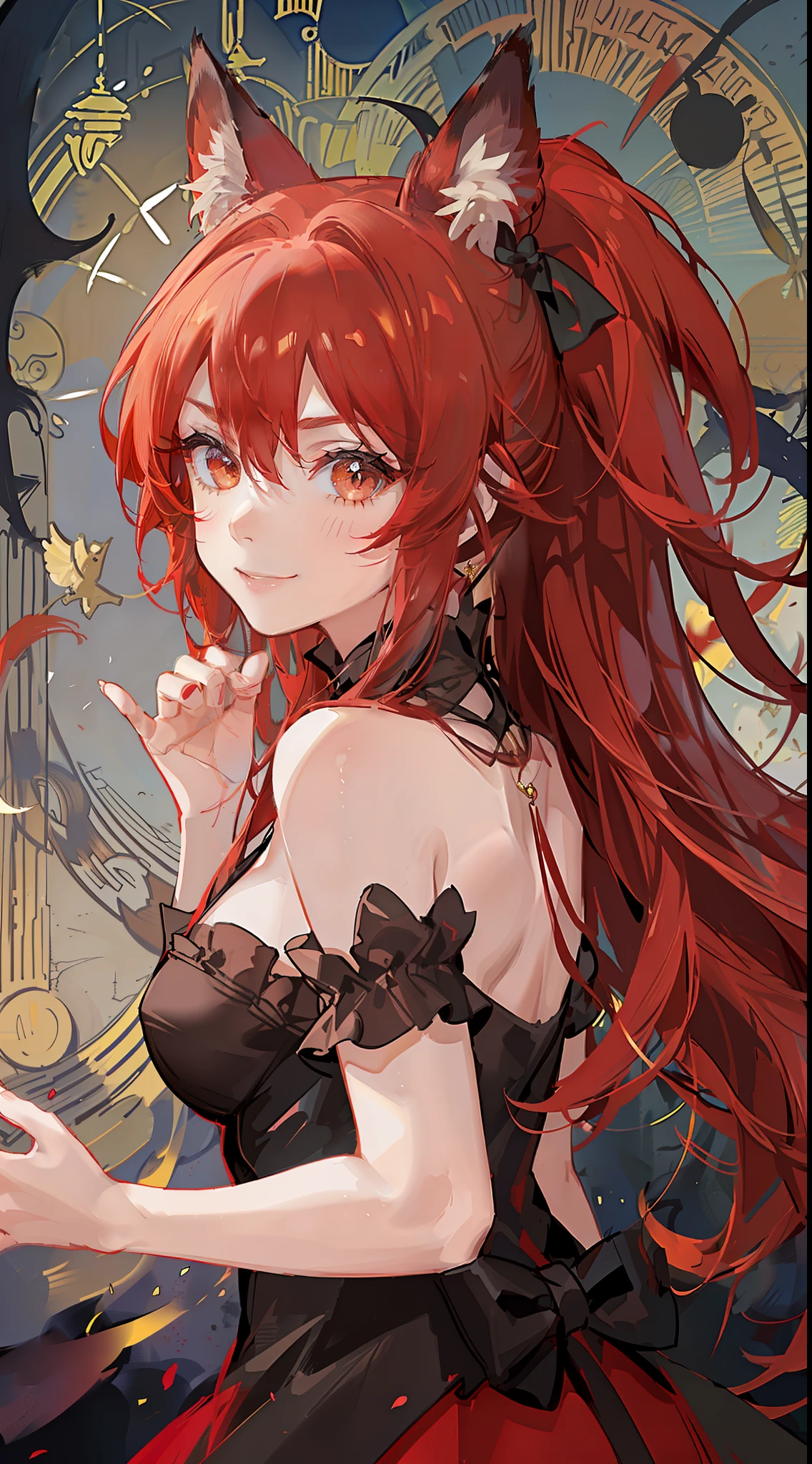 Adult girl, long red hair, high ponytail, yellow eyes, fox ears, red rich dress, open shoulders, smile, masterpiece, high quality