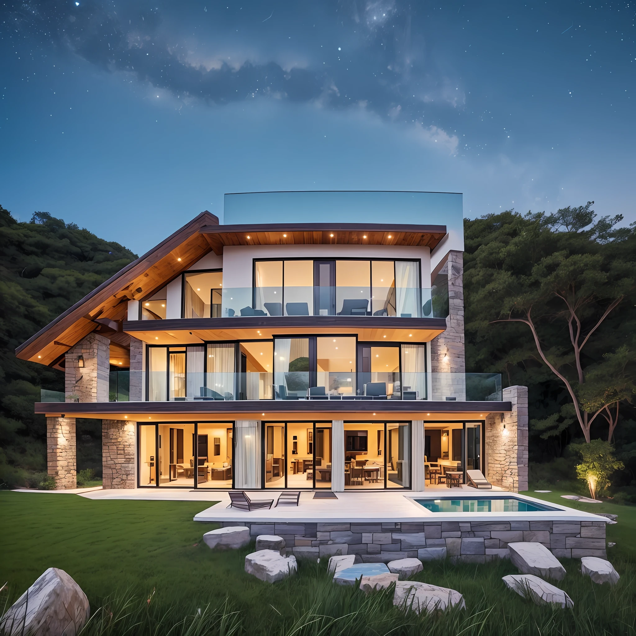 Rustic style house with stone walls and plaster. of 01 floor, on the edge of a cliff, balconies and windows in tempered glass, at the bottom of the house an ofuro with wooden deck. night environment, starry sky, sea background, interior architecture, cinematic lighting, three sided view, Wide-Angle, UHD, UHD, UHD, high quality, best quality --auto --s2