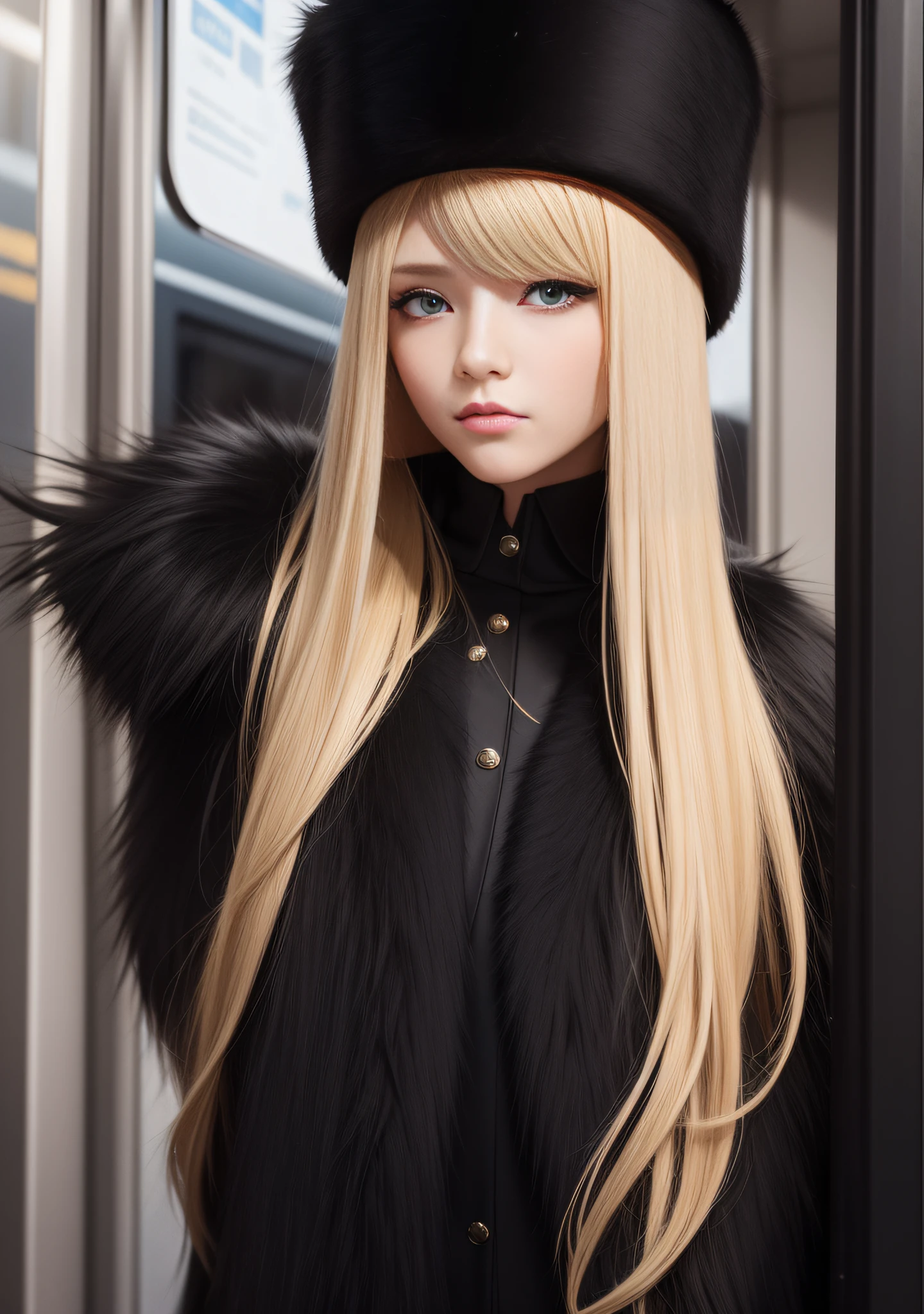 8k photo, f/1.8, ultra-realistic, blonde straight long hair, (( blonde parts)),slender body、17 year old beautiful girl,fur black russian hat,black fur cape,black fur long coat,night station platform,beautiful girl seeing off the train