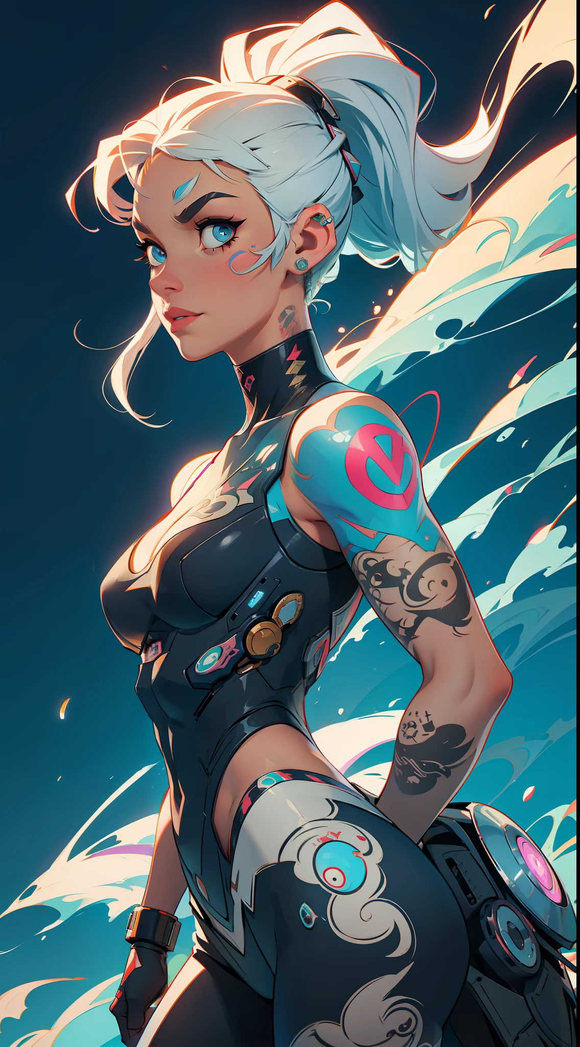 full tattooed cyborg woman with proud expresion