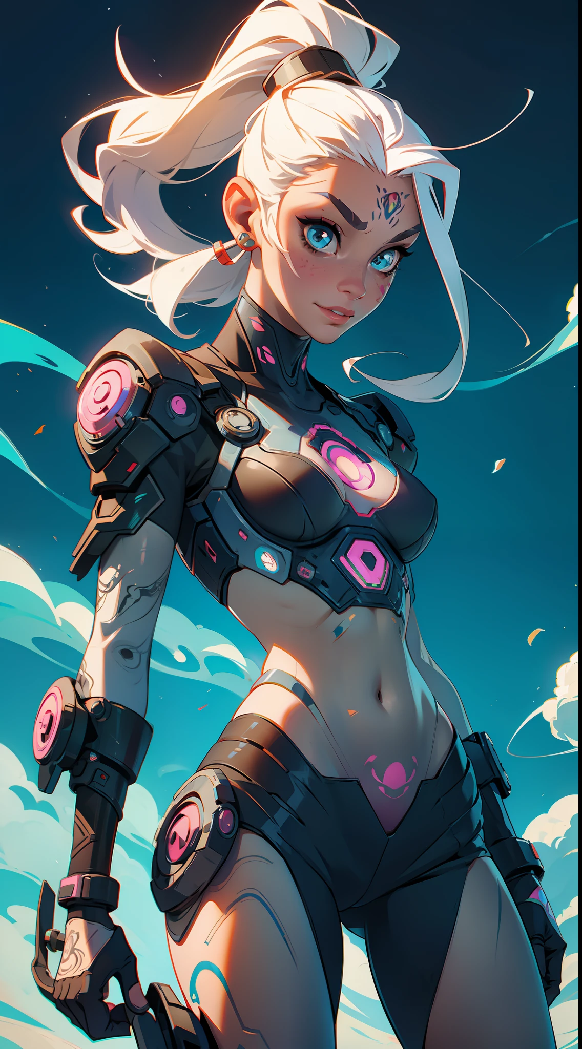 full tattooed cyborg woman with proud expresion