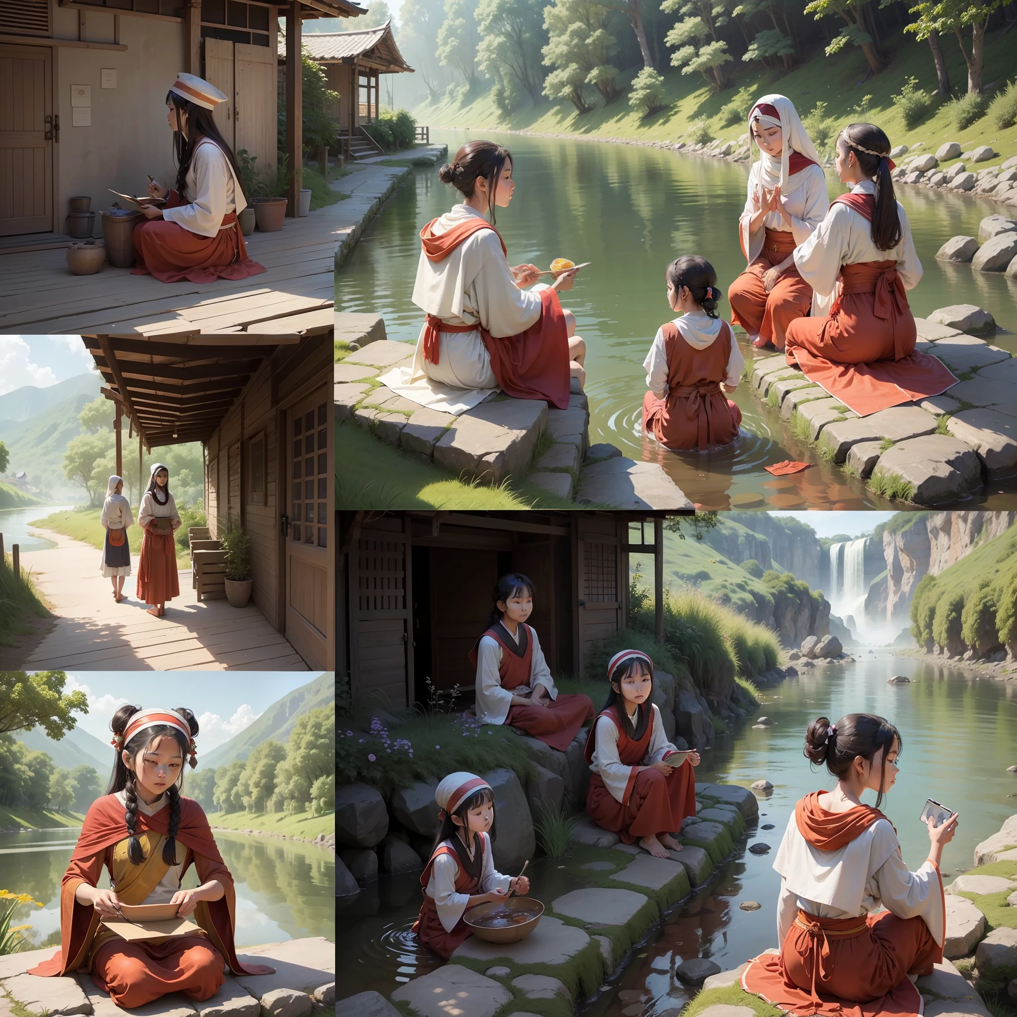 Image: Sequence of images showing the villagers, including young people, applying the teachings of the sage in their daily lives. Talking and various people around the river --auto --s2