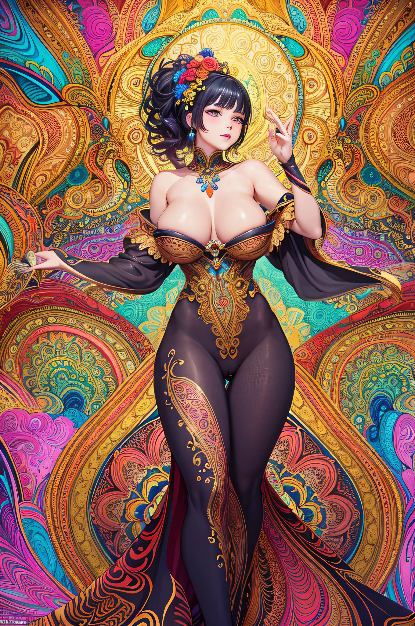 (masterpiece, top quality, best quality, official art, beautiful and aesthetic:1.2), (1girl:1.3), extremely detailed,(fractal art:1.2),colorful,highest detailed,(zentangle:1.2), (dynamic pose), (abstract background:1.5), (treditional dress:1.2), (shiny skin), (many colors:1.4), upper body, sheer gauze, off-the-shoulder, blooming flower field, glowing skin, light smile, camel toe, sexy, bust, nudity,from below,ass up wait