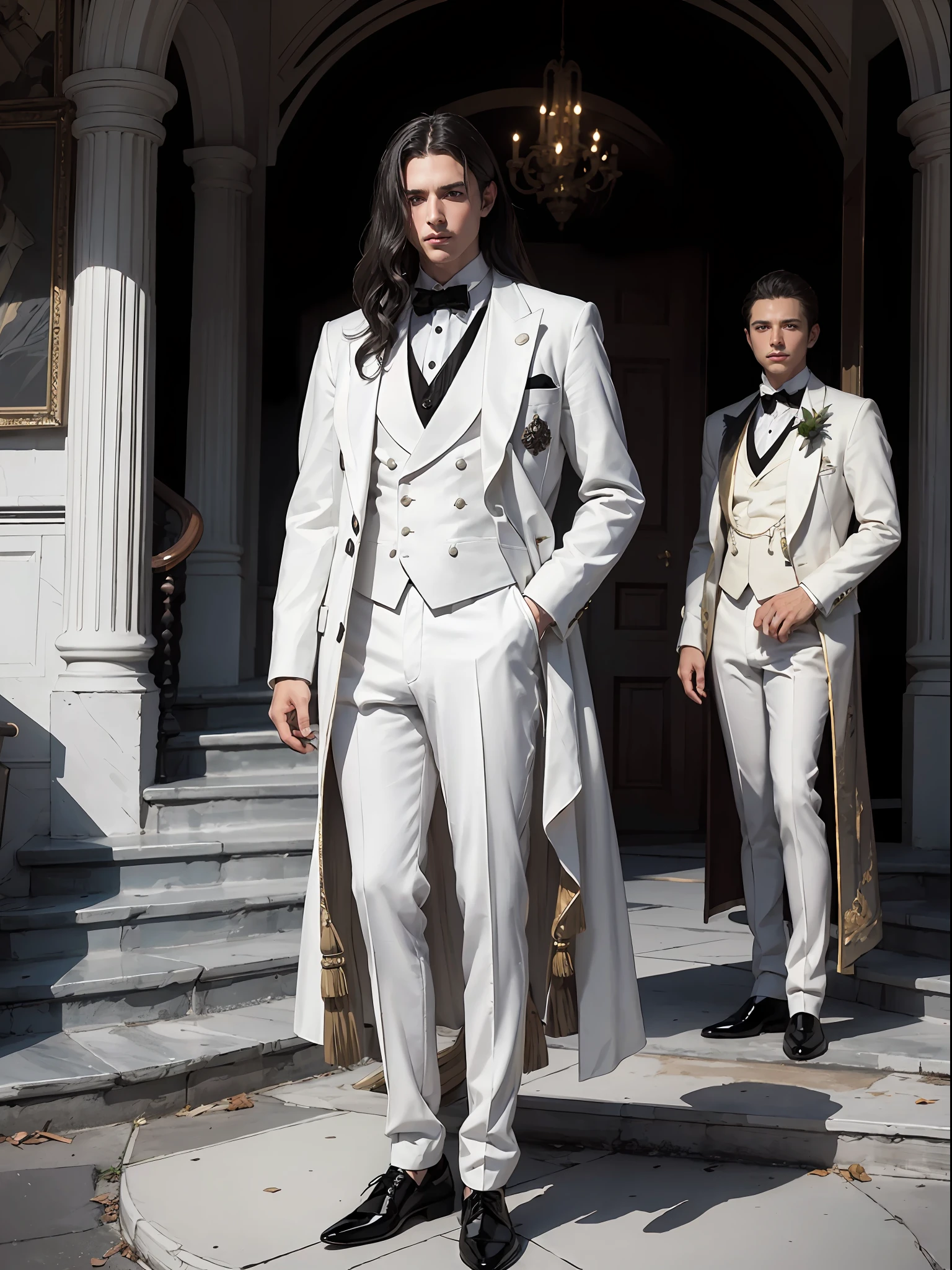 "(Masterpiece, high quality, photo-realistic style) 1 male, white long hair, black eyes, Victorian black and white tuxedo, standing in front of a grand staircase."