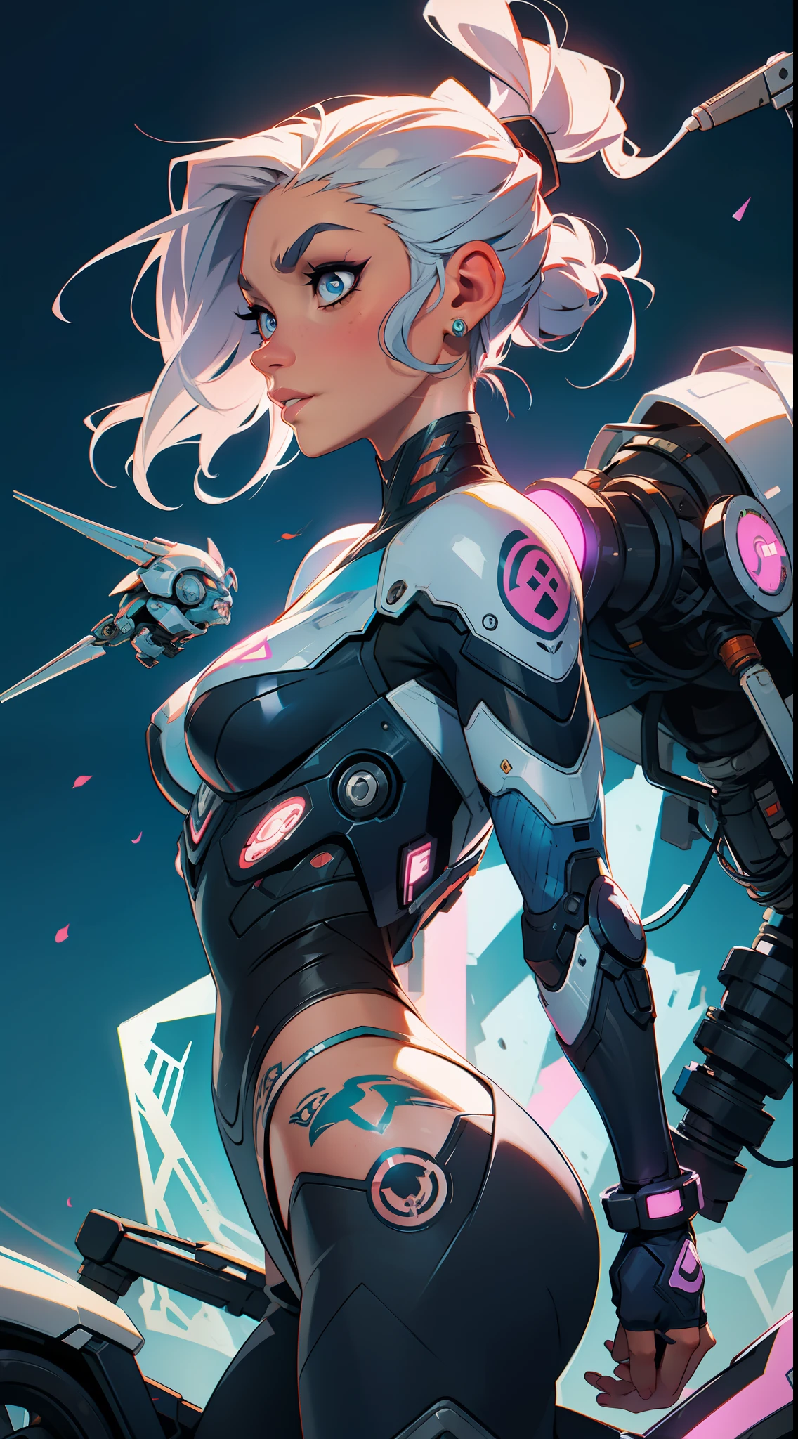 full tattooed cyborg woman with proud expresion