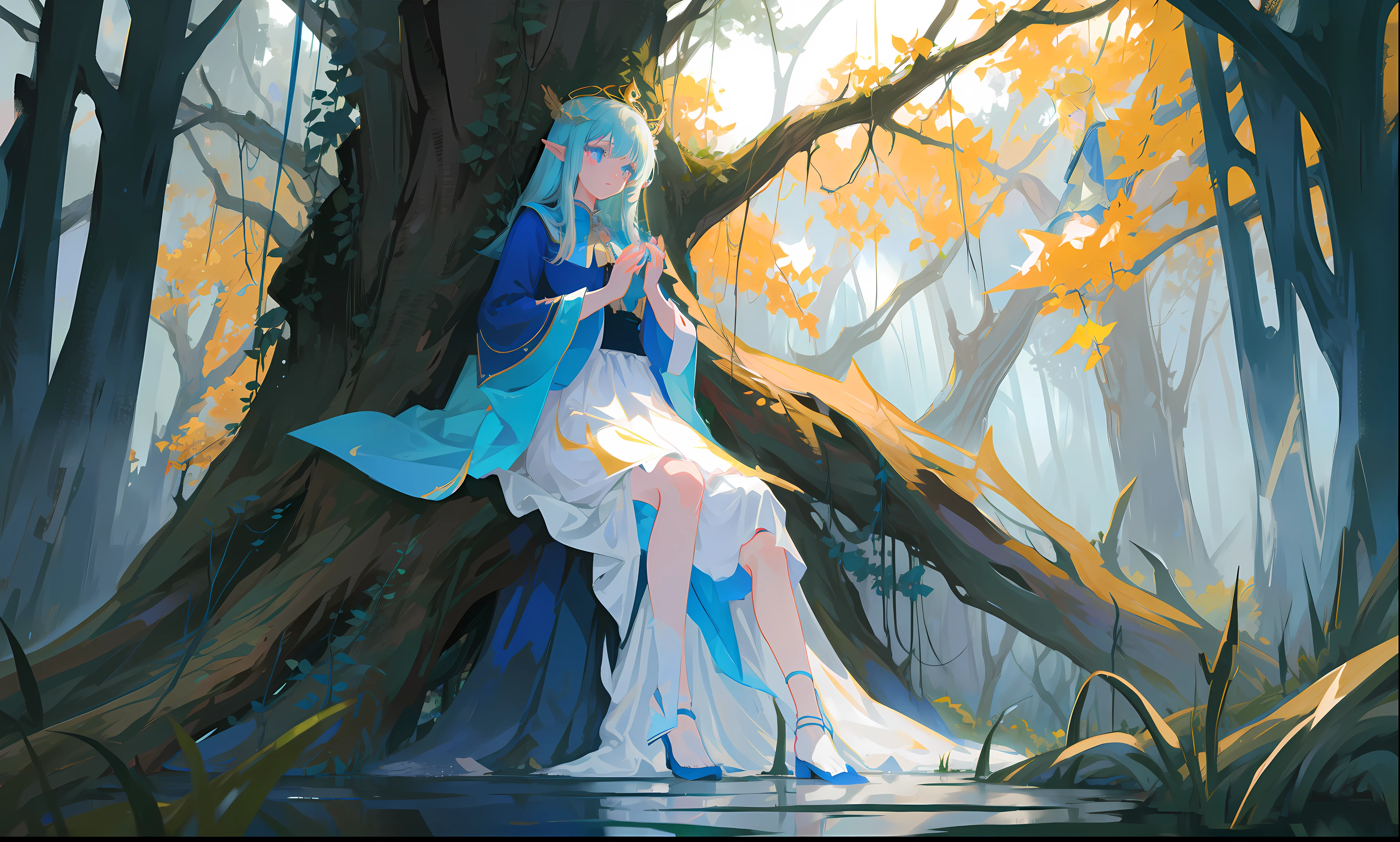 8k best quality masterpiece very detailed wallpapers rain god elf queen forest tall tree skin waist wrapped all over body fairy ribbon cloud sitting on branch bare legs looking down