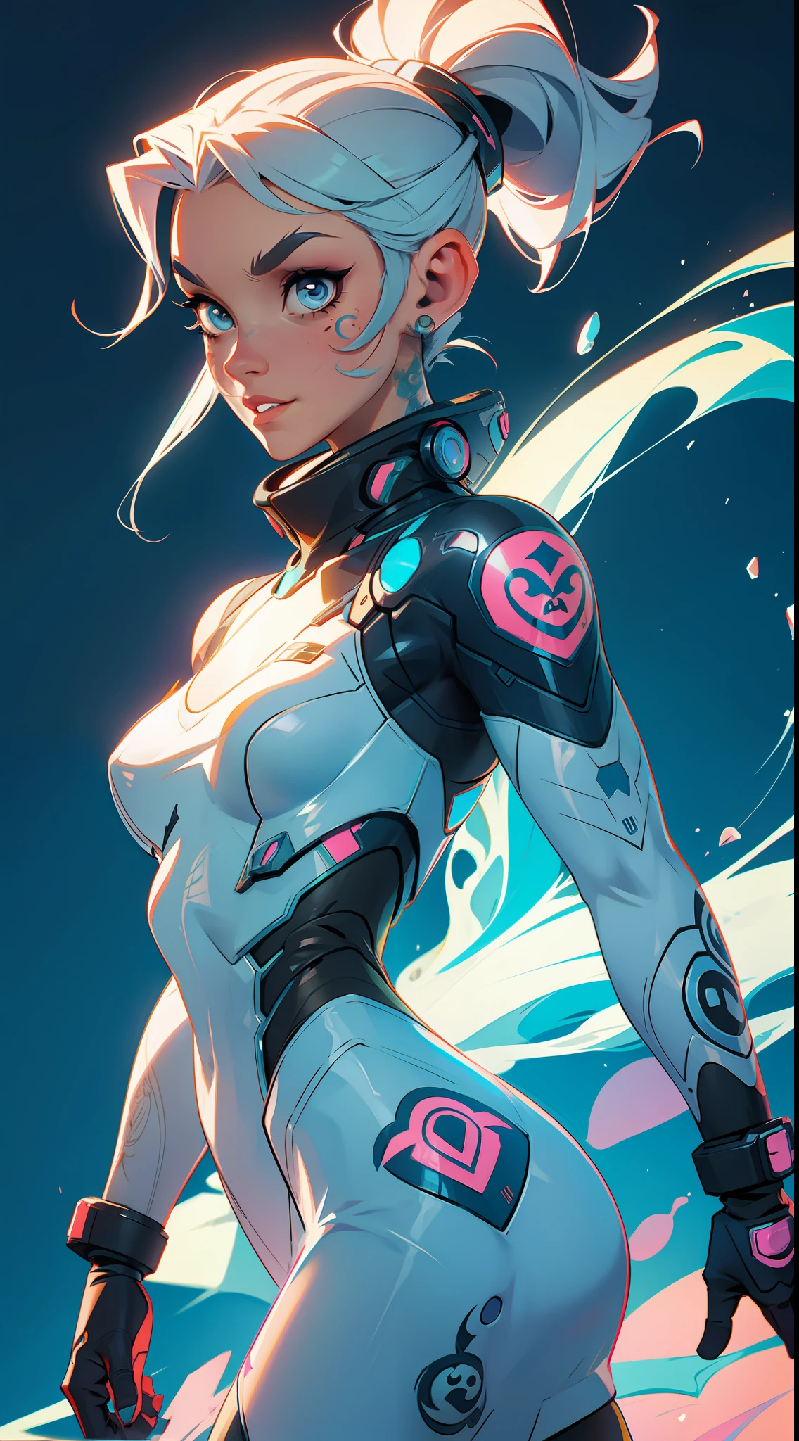 full tattooed cyborg woman with proud expresion