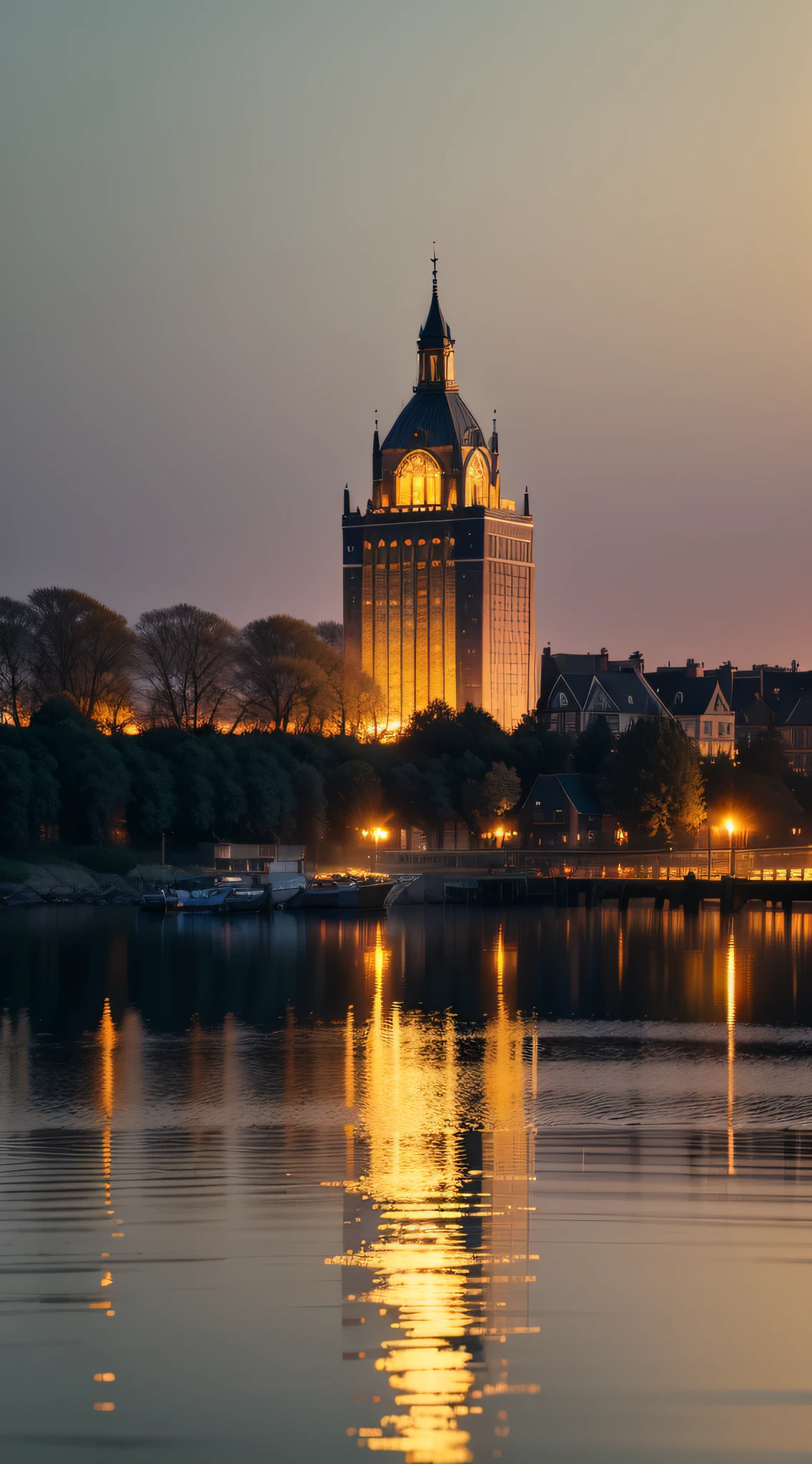 night scene, waterside, golden light, beautiful, reflection, high quality, clarity, delicate colors, attractive contrast, masterpiece --auto --s2