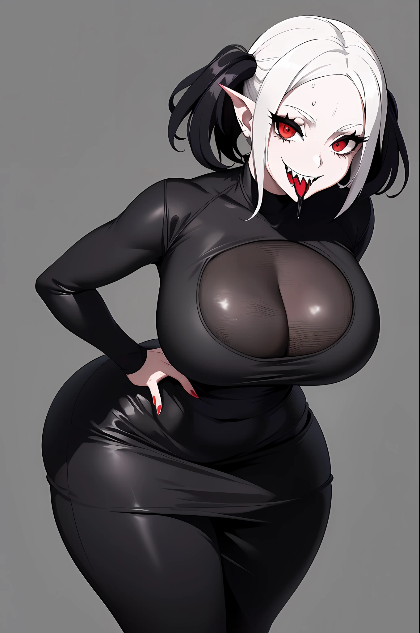 (Masterpiece, best quality, high quality: 1.4), (professional art, extremely detailed girl: 1.0), 8k, detailed eyes, perfect face, 2girl, (voluptuous, mature female, big lips: 1.2), wide hips, thick thighs, heavy makeup, heavy background: 1.4), (teething, long eyelashes, dark shadow, looking at the viewer, red eyes, close up, huge ass, huge thighs, huge hips, sweat, sweaty, sagging breasts, cruel smile, sadistic smile, bully, showing breasts, exposing breasts, goth, goth girl, pale skin, block shadow, black lipstick, evil look, sharp teeth, black tongue, tongue out of mouth, monster girl, black clothes, ball dress, short dress, tight dress,
