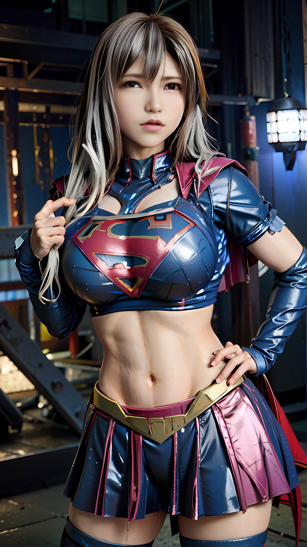 Anri okita, wearing cosplay supergirl full gear, hot model japanese, front bangs hair, beautiful face, top body is hyperrealistic thicc muscle and hyper largest_breasts!! with the type of boobs_melons, lower is huge buttocks, abs sixpacks, wet, shiny body