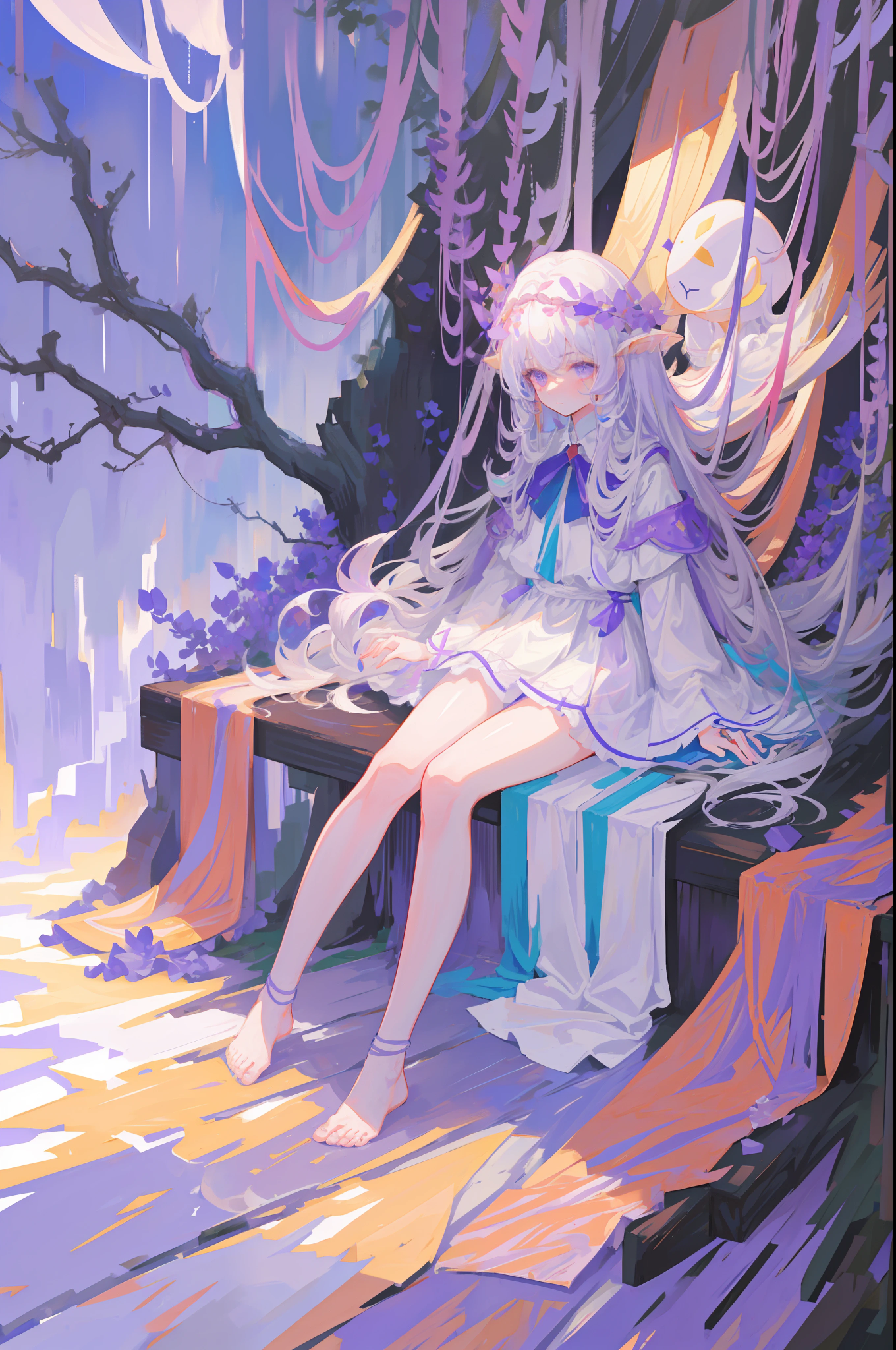 8k best quality masterpiece very detailed wallpaper Rain god white very long hair woman skin rope waist wrapped all over body fairy ribbon cloud sitting on a branch with legs exposed, looking down barefoot purple eyes body tied up with rope