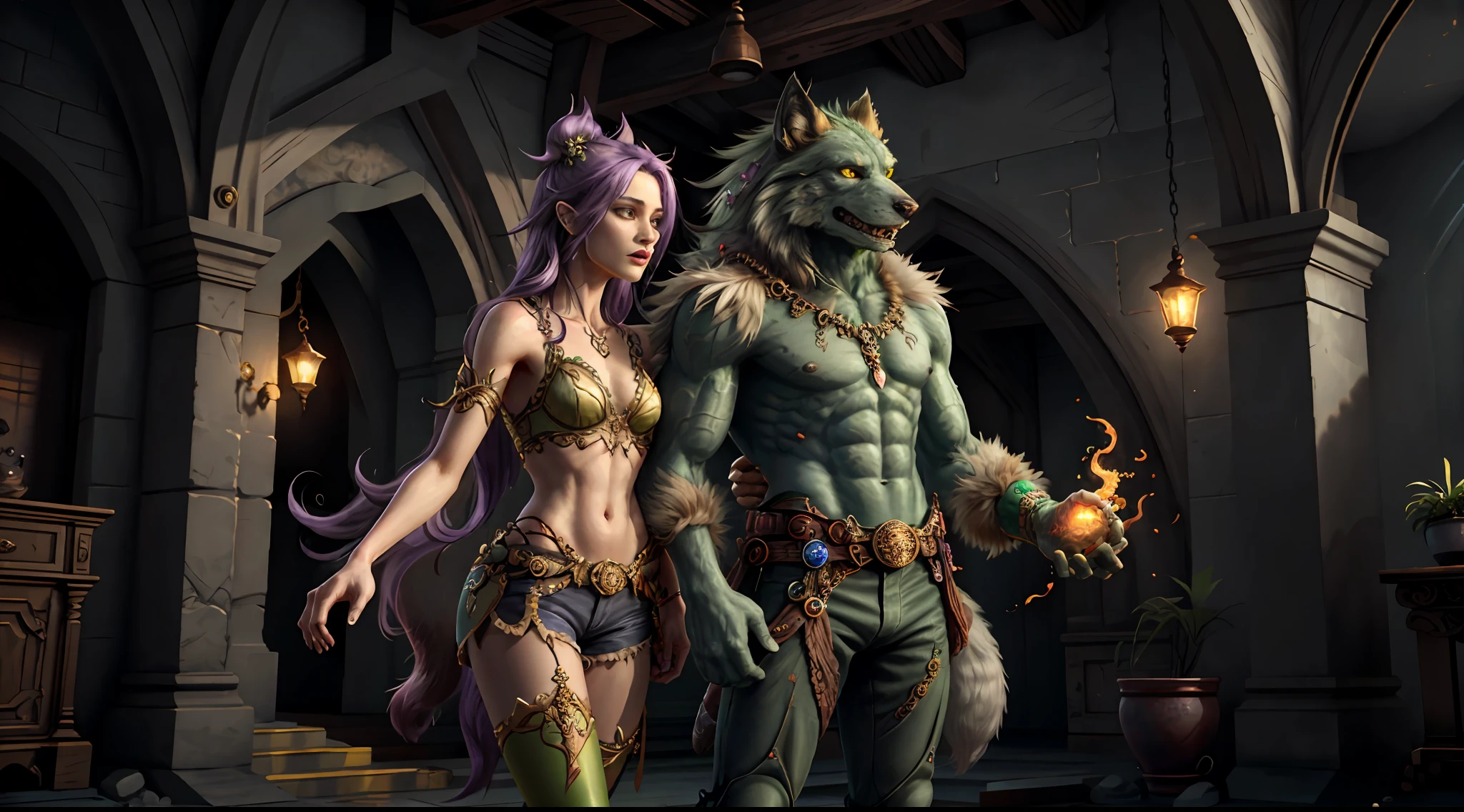 Concept Art, "1 Couple, Handsome Boy", an ultra-detailed and stunningly beautiful CG illustration depicting a sultry green man-wolf with purple hair, sharp green eyes, standing tall in shorts. Gorgeous green fur and yellow dotted on the belly, tail and fur, this animal-like beauty exudes sensuality in every pose, breathtaking rendering, within radiant connections, multiplayer interaction, magical elements, gorgeous, casting colorful spells, bright flashes,