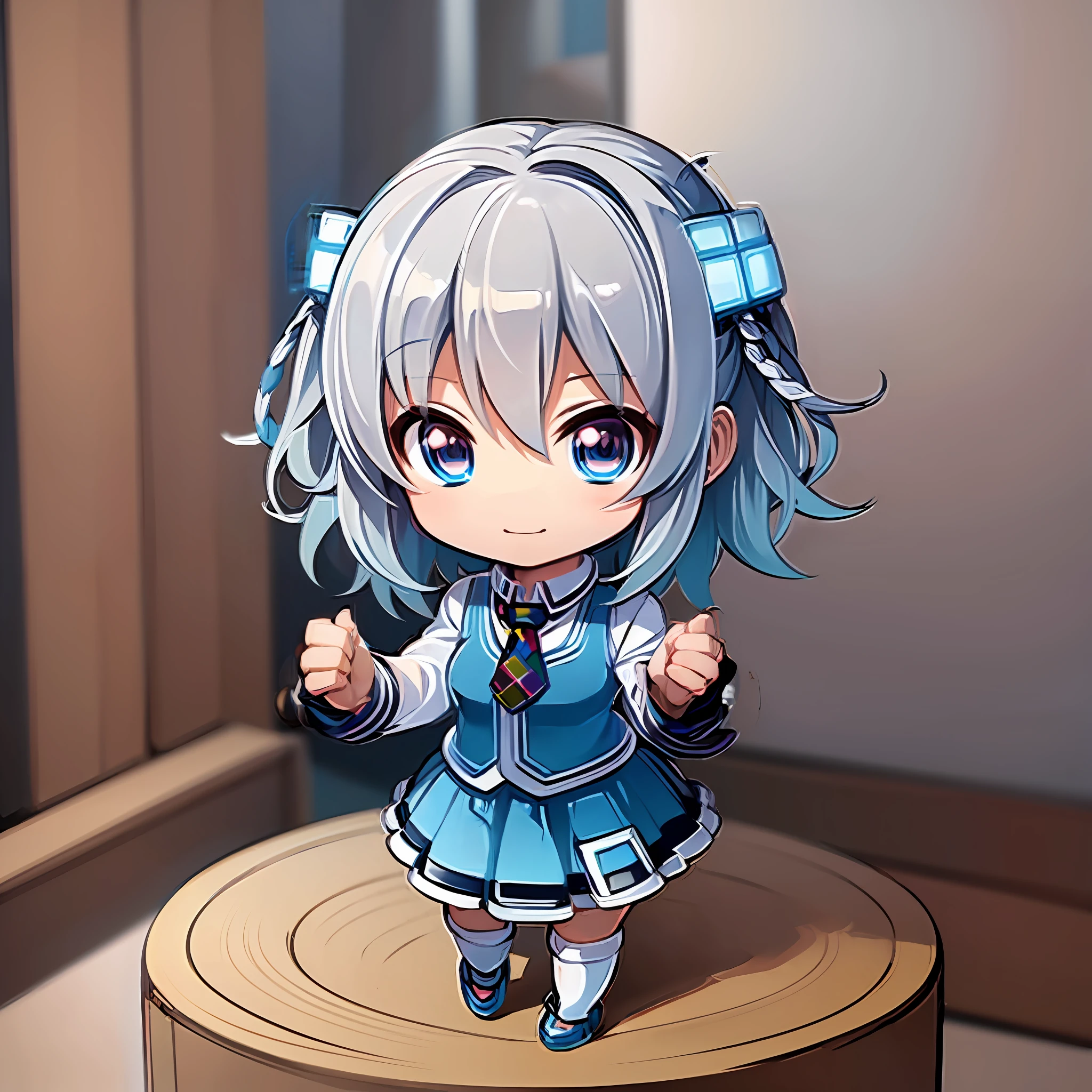 ((masterpiece)), best quality, ((((chibi anime)))), 1girl, ((((no background)))), madobe touko, smile, looking at viewer, hair ornament, vest, necktie, long sleeves, skirt